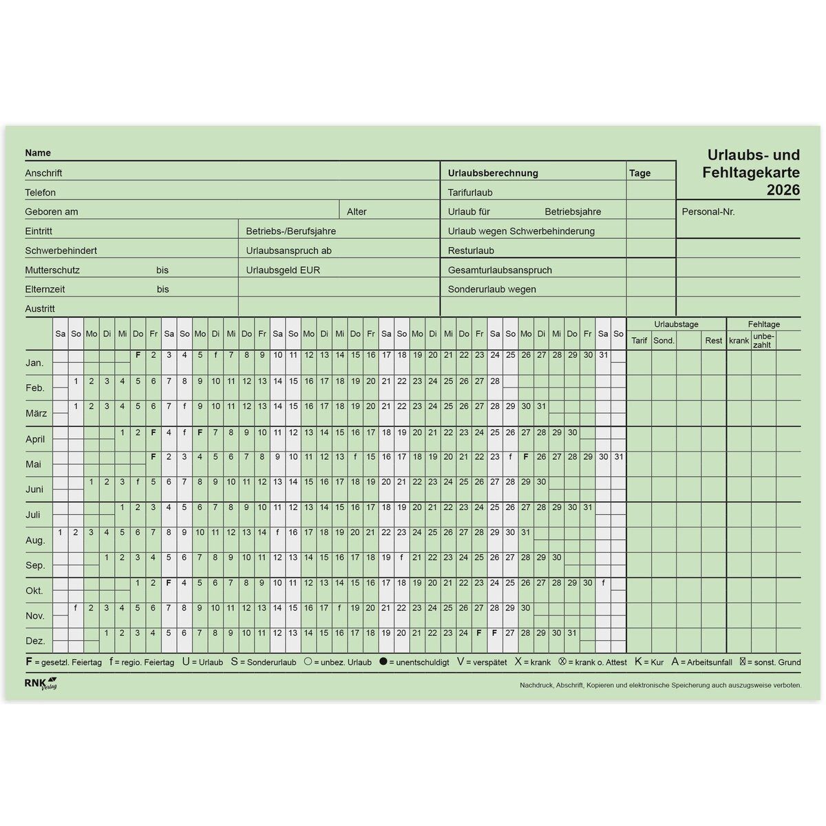 RNK Verlag Terminplaner Urlaubskarte 2026 A5 grün