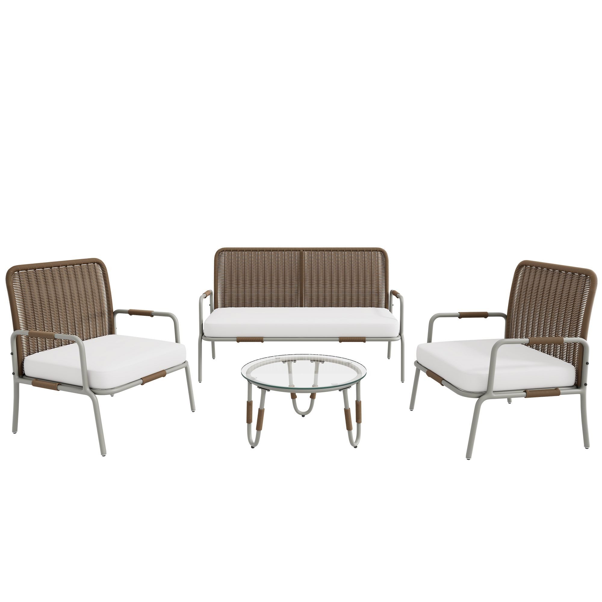 Welikera Gartenlounge-Set Rattansitz Sitzgruppe,Gartenmöbel Sitzgarnitur Garnitur Set mit Sessel, (mit Sessel, Couchtisch& Kissen,beige+weiß+braun/grau+weiß), Couchtisch & Kissen,Abnehmbarer,Waschbarer Stoffbezug,für 4 Personen