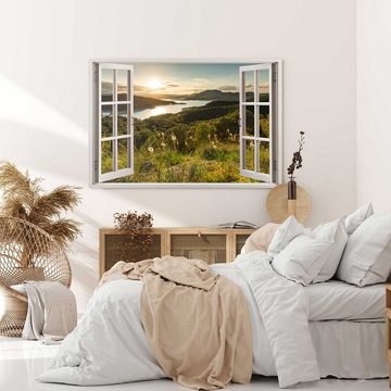 Sinus Art Leinwandbild Wandbild 120x80cm Fensterbild Natur Landschaft Fluss Berge Sonnenunter, (1 St)