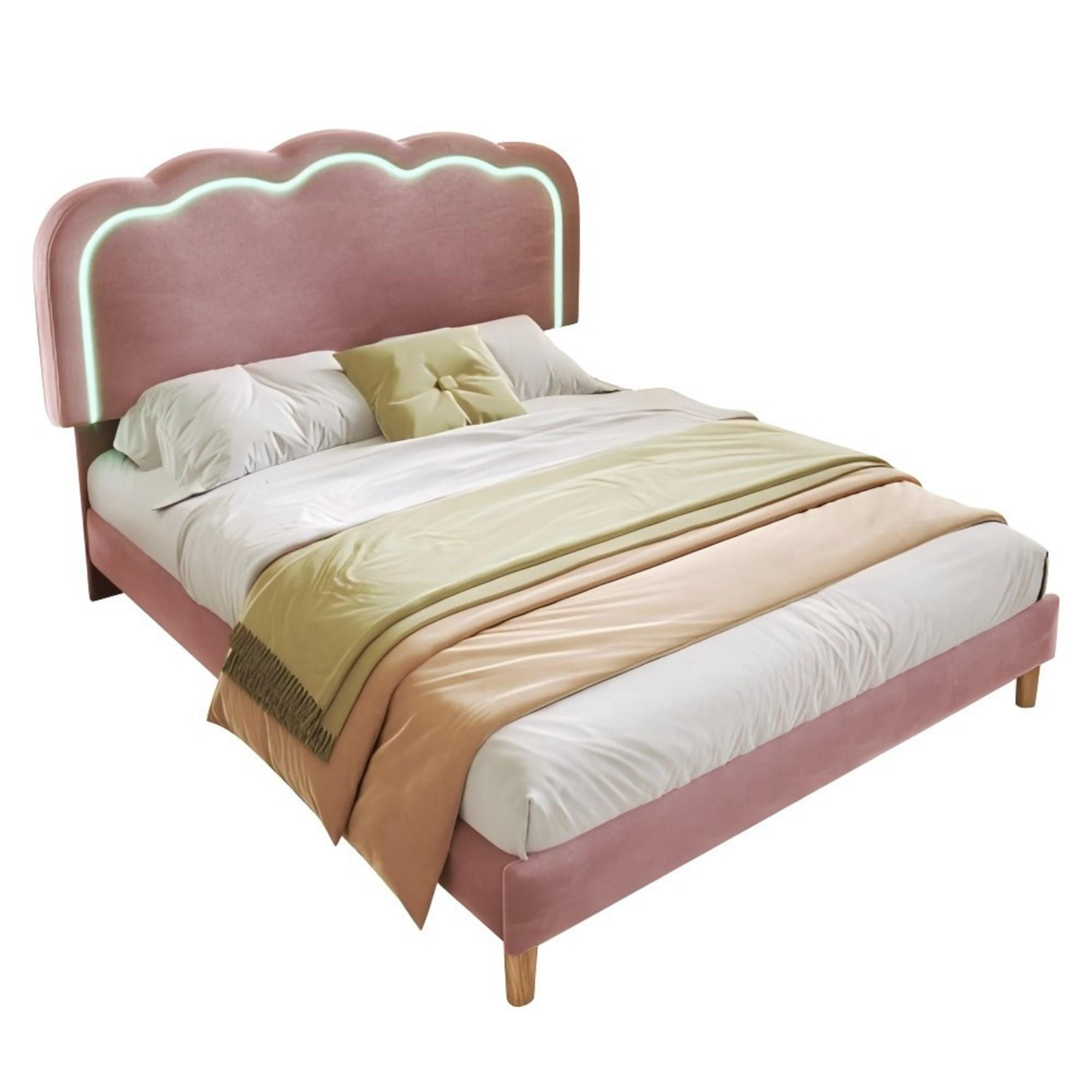 Odikalo Kinderbett Polsterbett Jugendbett 140/90 LED Lattenrost Kopfteil Rosa/Beige Samt