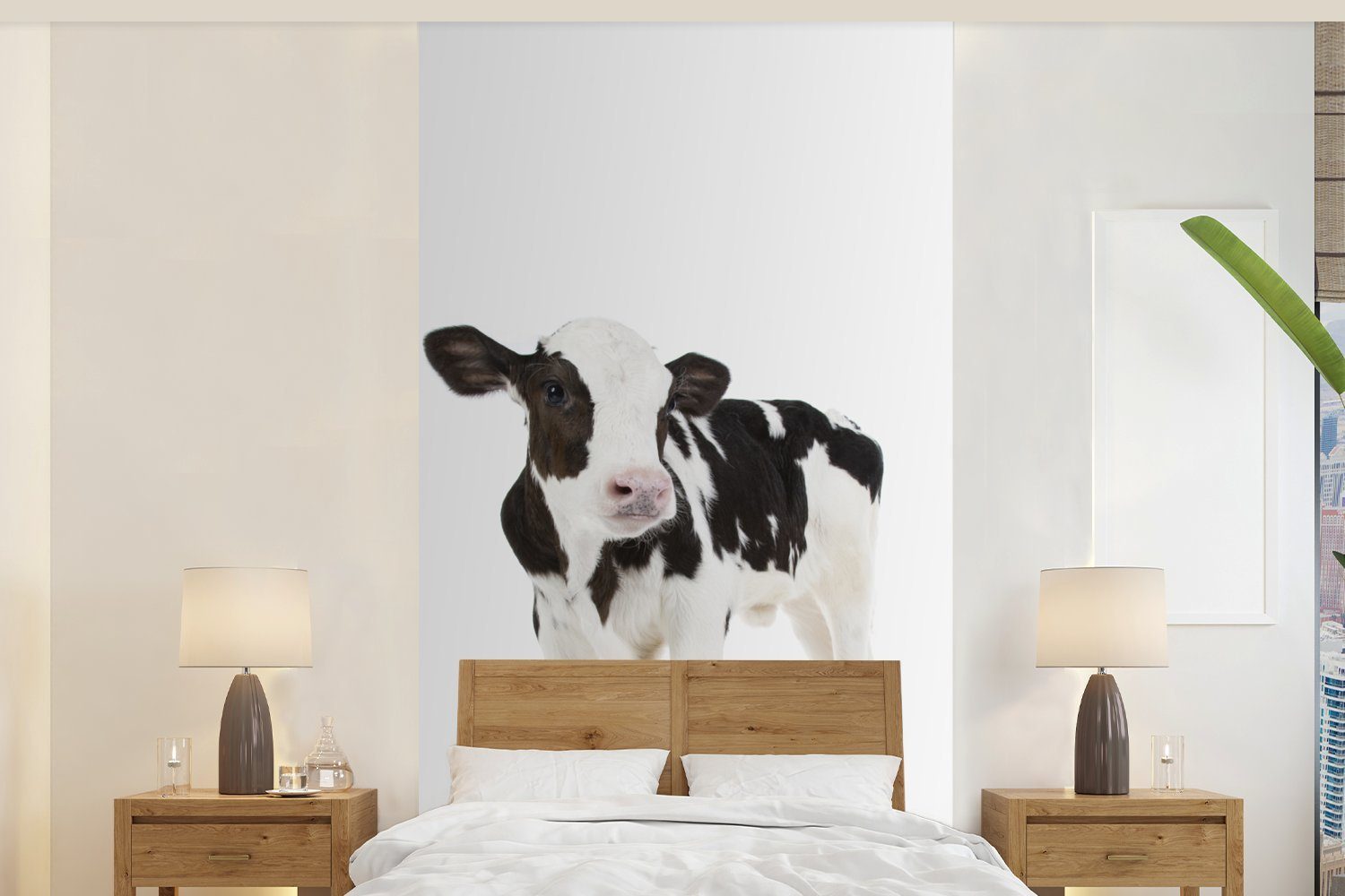 Kalb Weiß Küche, für - - bedruckt, Schlafzimmer Tiere, - Fototapete Wohnzimmer Matt, Fototapete Kuh (2 Vliestapete MuchoWow St),