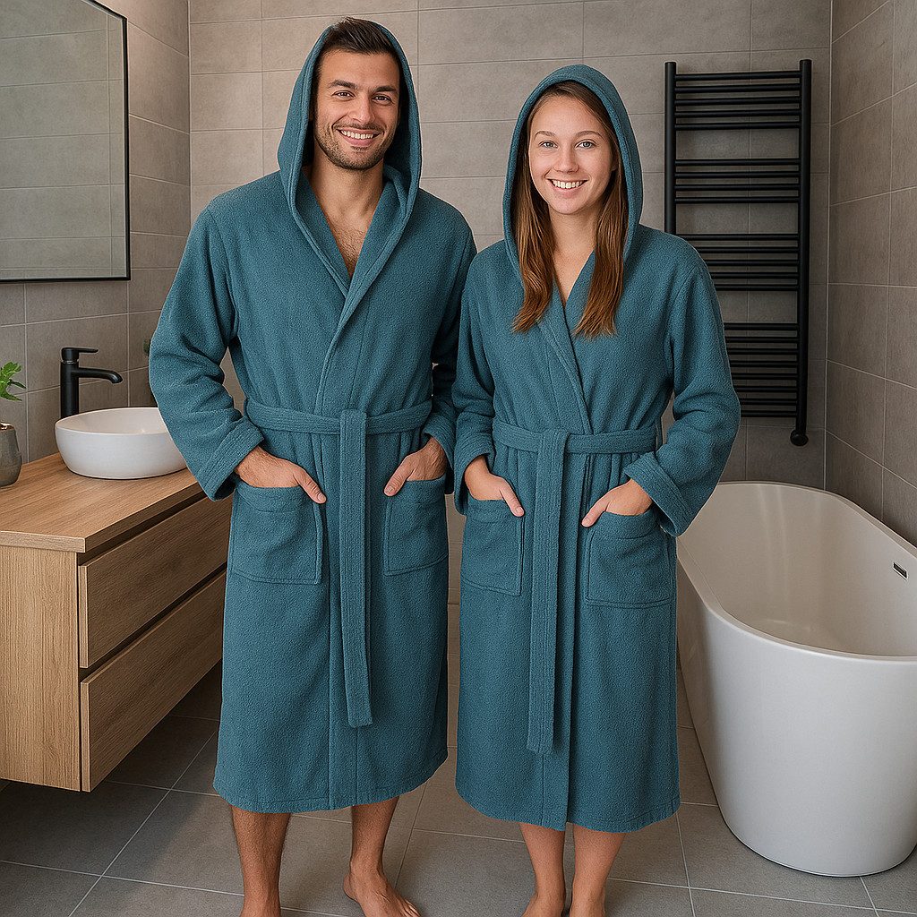 Betz Bademantel Saunamantel mit Kapuze BERLIN für Herren und Damen, Wadenlang, 100% Baumwolle, Kapuze, gürtel