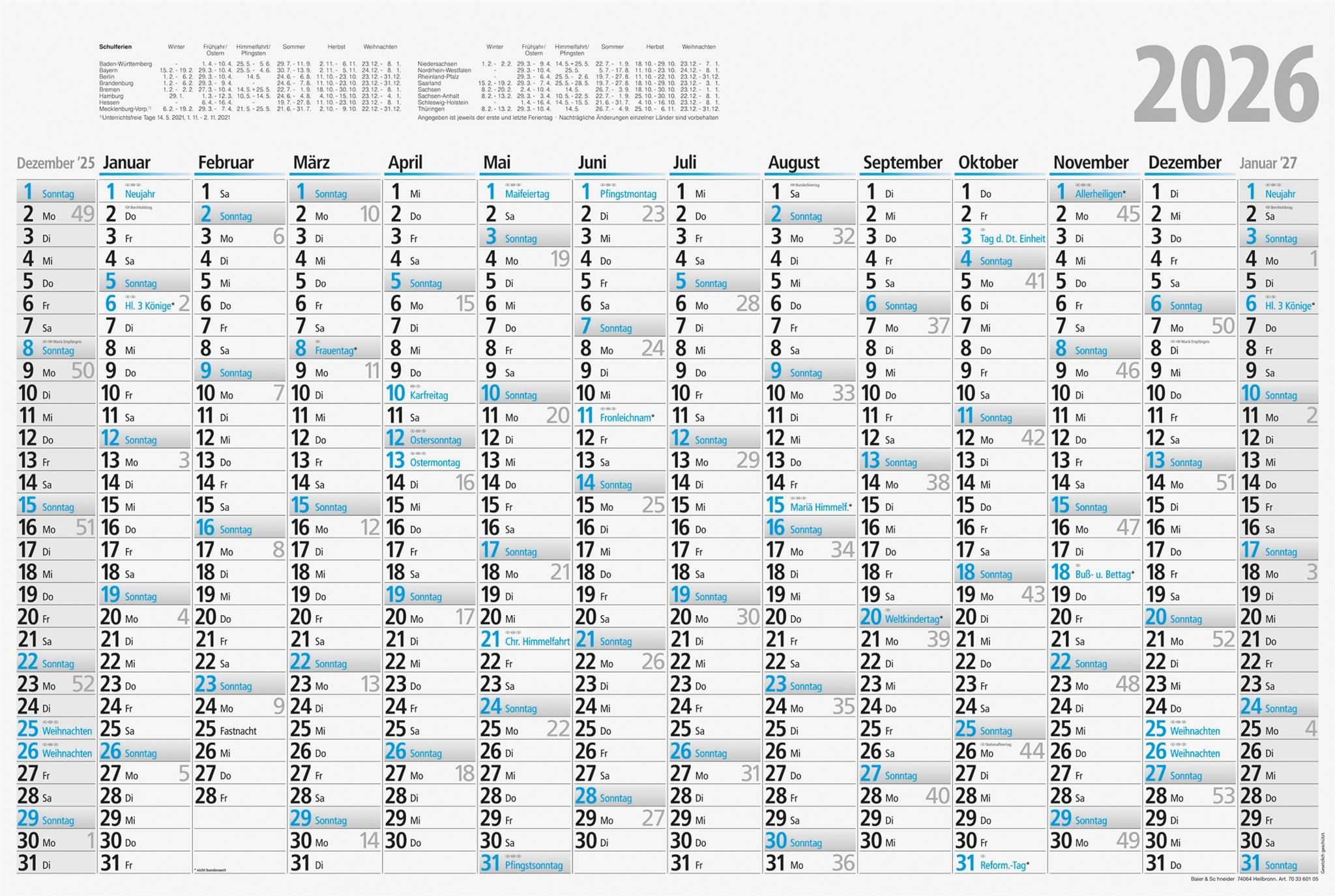 RIDO Wandkalender 2026 Rido Plakatkalender 700×470 mm