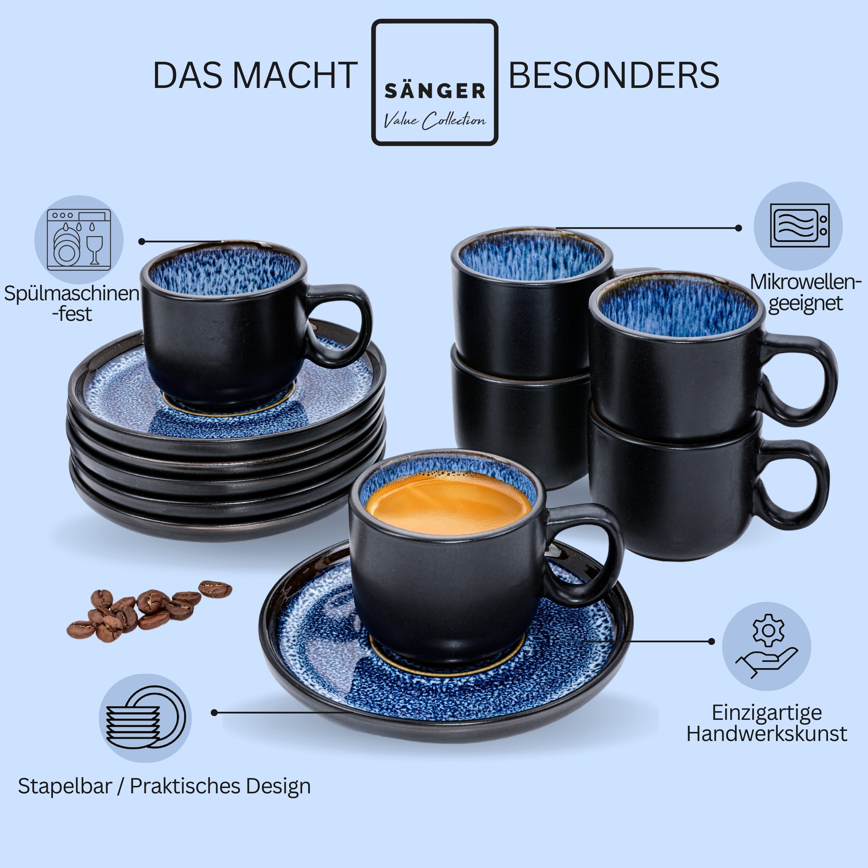 SÄNGER Espressotasse Aruba 12 tlg., 8-tlg., Steingut, Blau-Schwarz, Handmade, Erweiterbar, VALUE COLLECTION