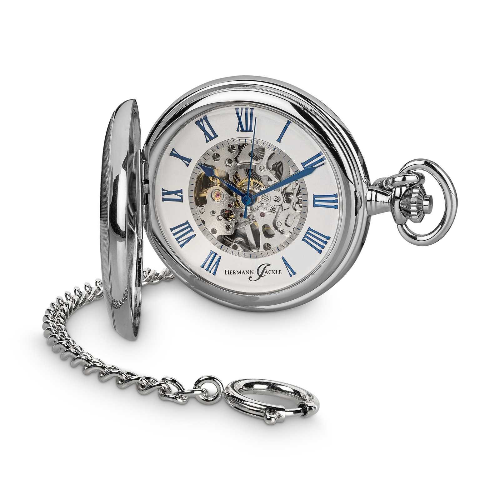 Hermann Jäckle Taschenuhr "Ettlingen" Skelett-Design, Handaufzug, 50 mm, Mineralglas, inkl. Kette & Reiseetui – Klassische Herrenuhr im Vintage-Stil