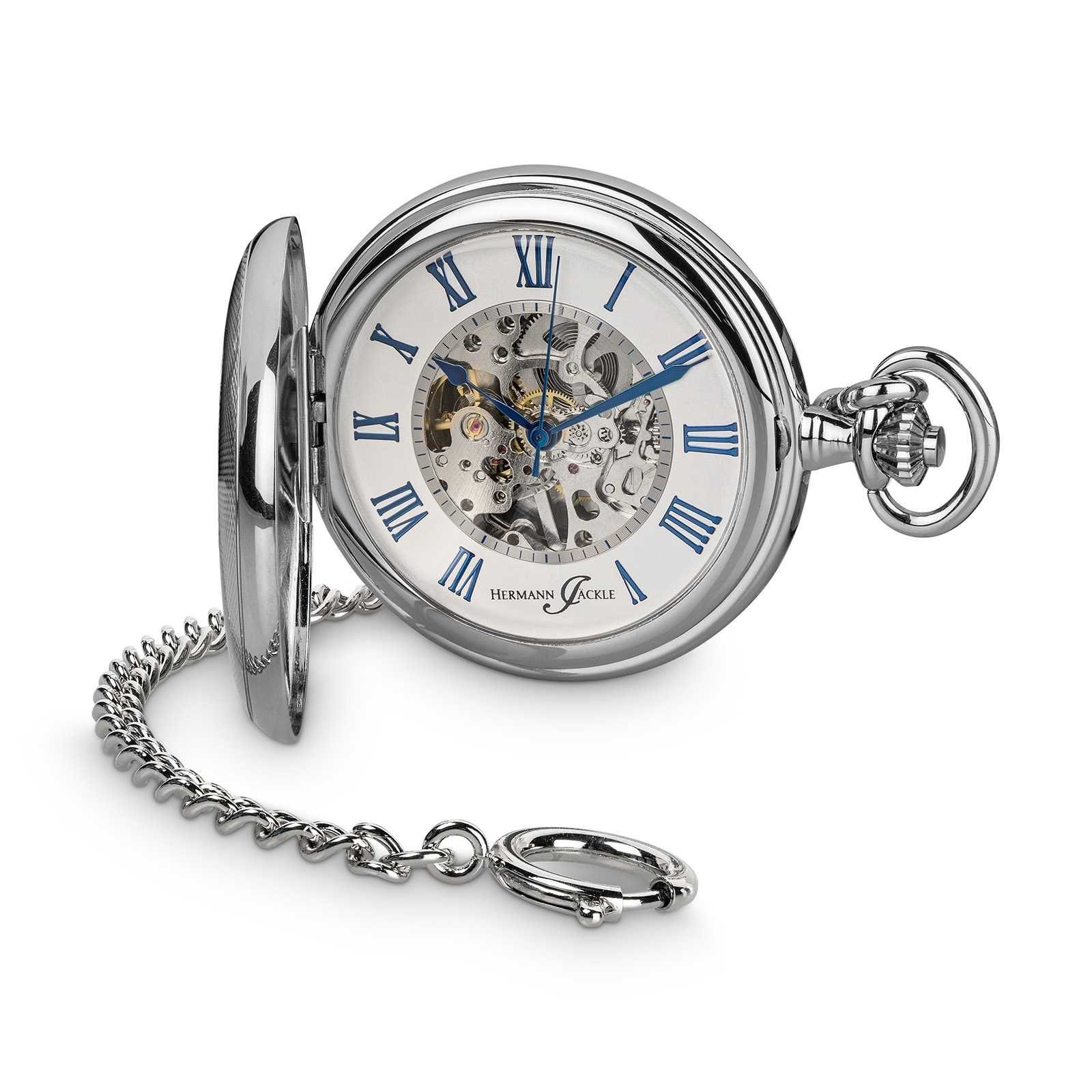 Hermann Jäckle Taschenuhr Ettlingen Skelett mit Handaufzug 50 mm, inkl. Kette und Reiseetui | Taschenuhren