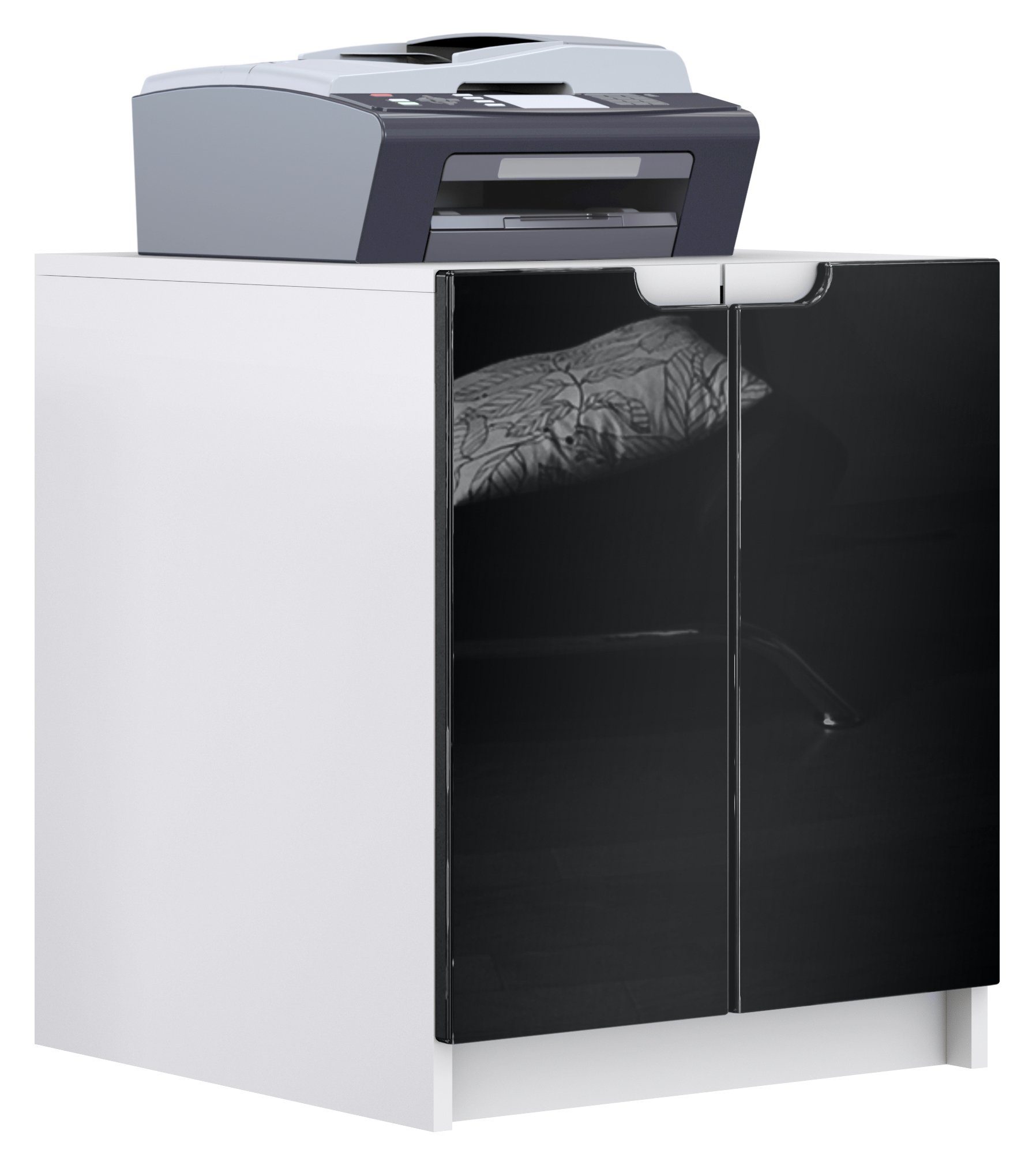 Vladon Kommode Logan (Aktenschrank, mit 2 Fächern und 2 Türen), Druckerschrank Weiß matt/Schwarz Hochglanz (51 x 60,5 x 54 cm)