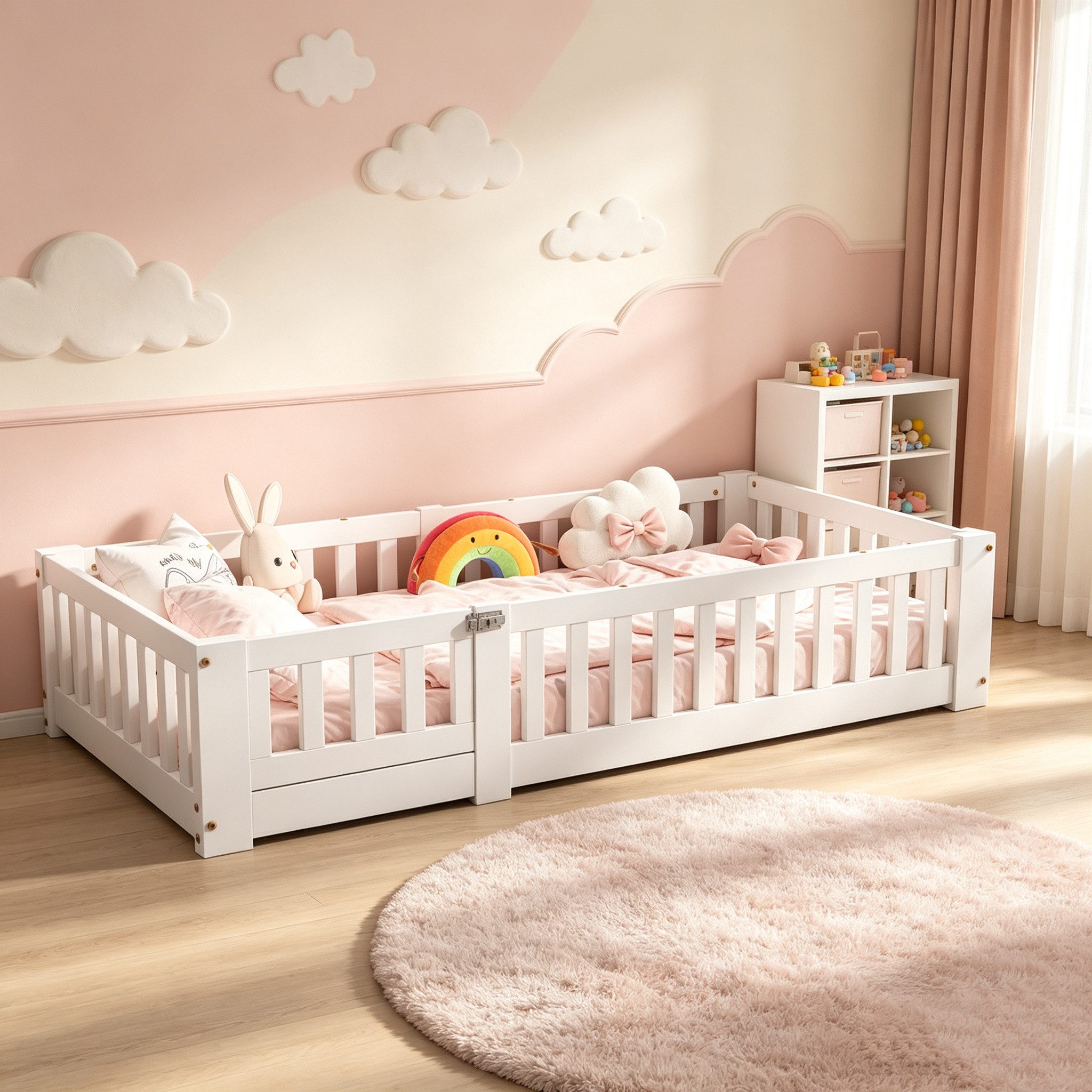 Simurq Kinderbett mit Sicherheitsgitter, Bodenbett aus Massivholz, Montessori Bett (1 tlg, ohne Matratze, Mit Lattenrost), Bodenbett für Kleinkinder, Minimalistisch, Niedrigbett, Weiß