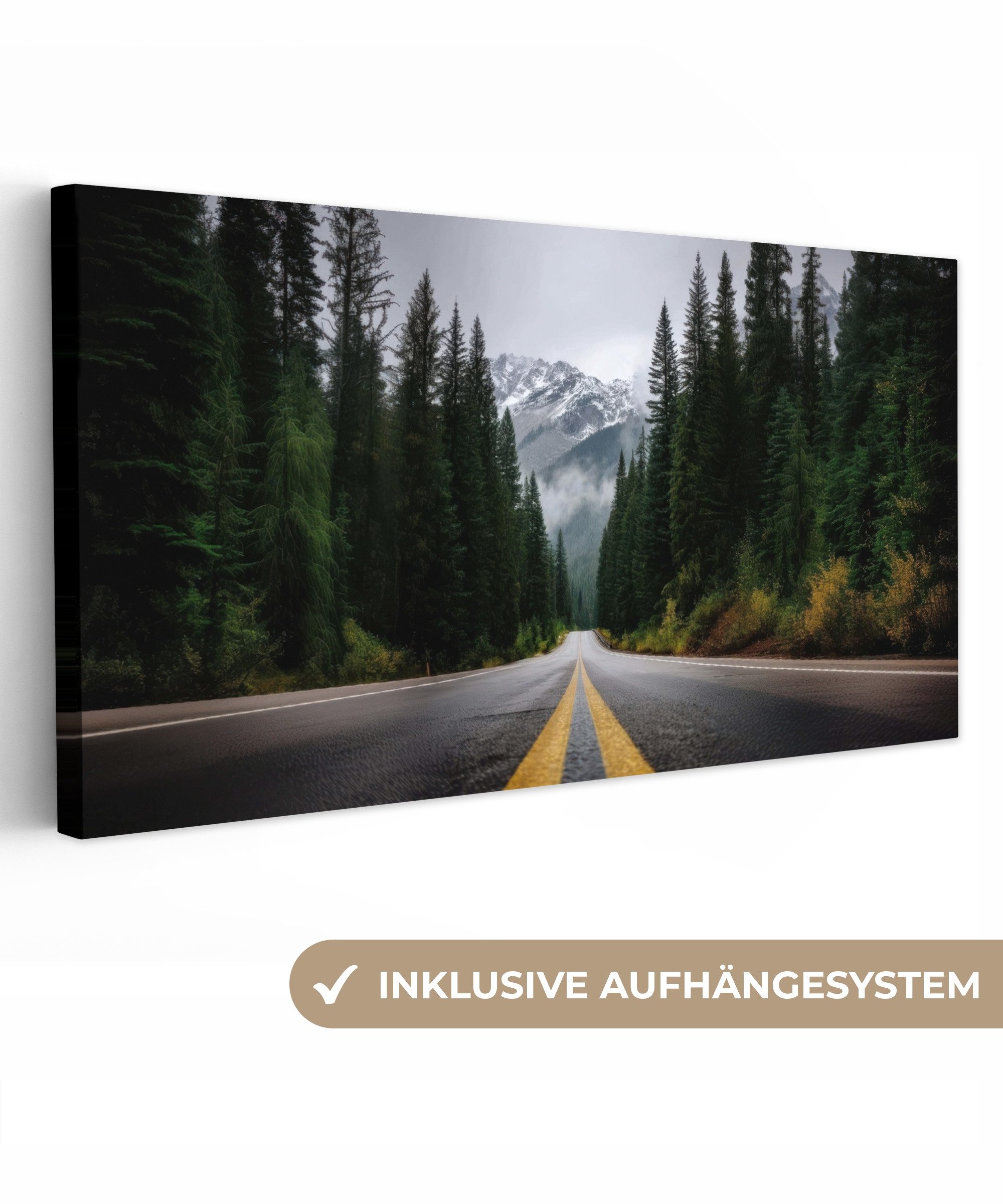 OneMillionCanvasses® Leinwandbild Panorama Fichtenwald - Straße - Berge - Schnee, Fotodruck (1 St), Wandbild, Deko Schlafzimmer Wohnzimmer Flur 40x20 cm