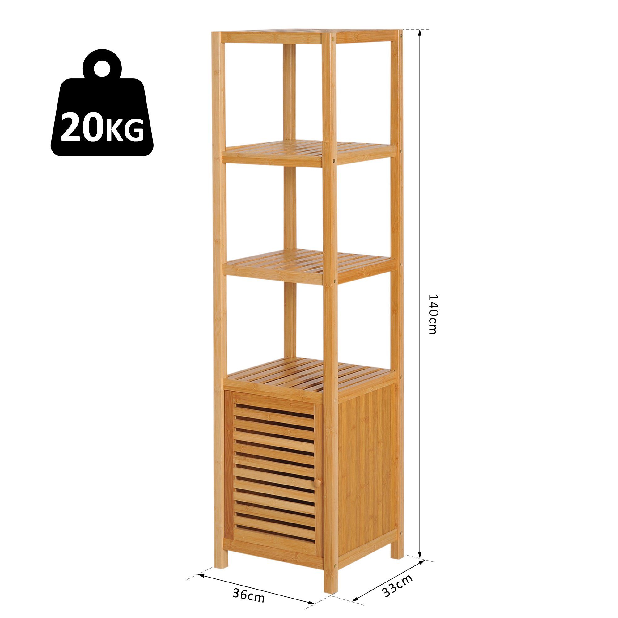 HOMCOM Badregal Badezimmerschrank mit 3 offenen Fächern, Aufbewahrungsschrank 1-tlg., Naturholz 36 x 33 x 140 cm