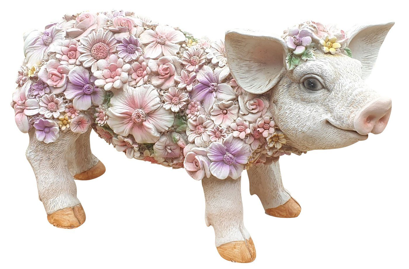 Beliebte Neuware Fachhandel Plus Gartenfigur Schweinchen mit Blumen, St), lustige (1 handbemalt, Gartendeko stehend