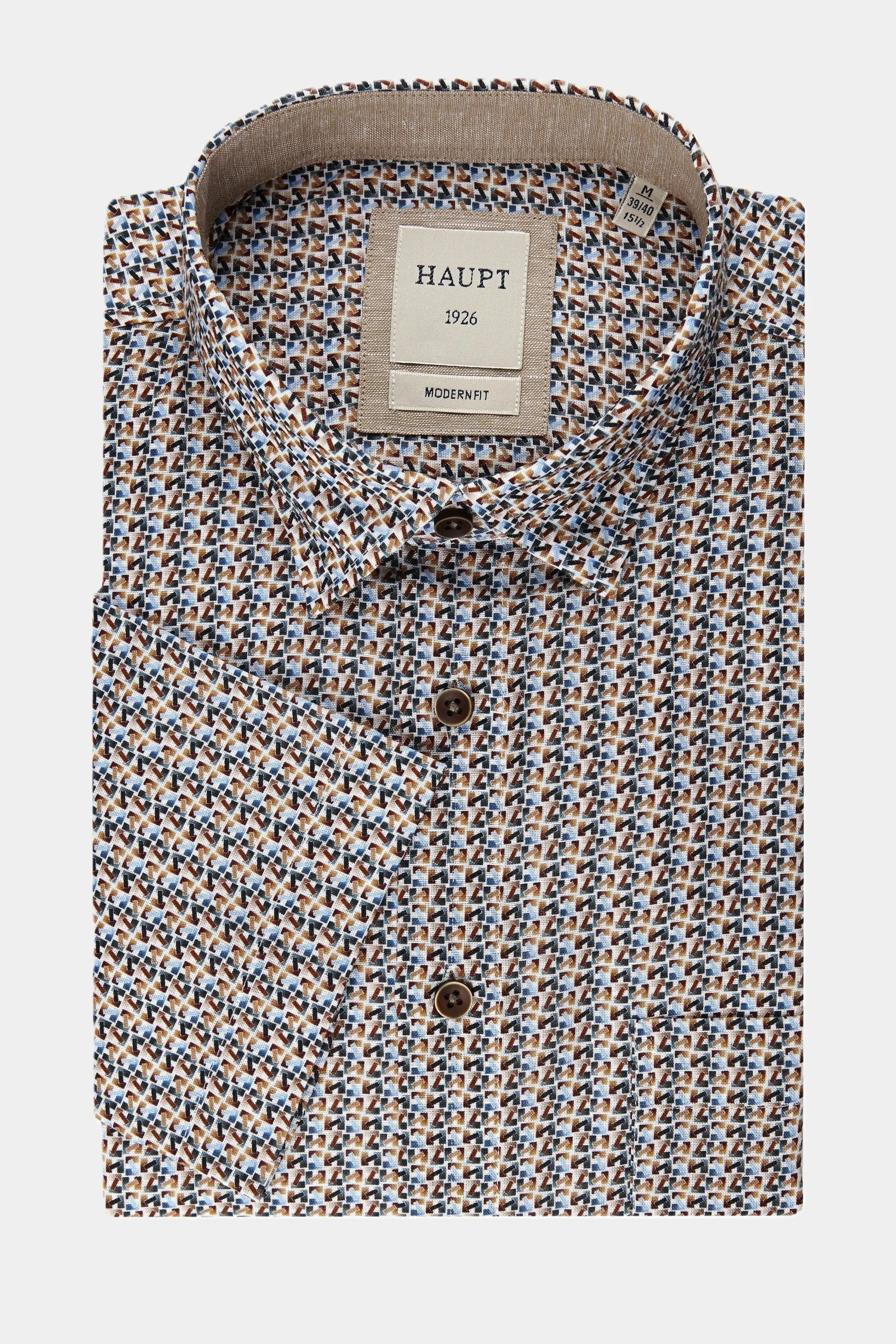 Haupt Kurzarmhemd Modern Fit Kurzarm Baumwoll-Herrenhemd Camel Print Style Sommer