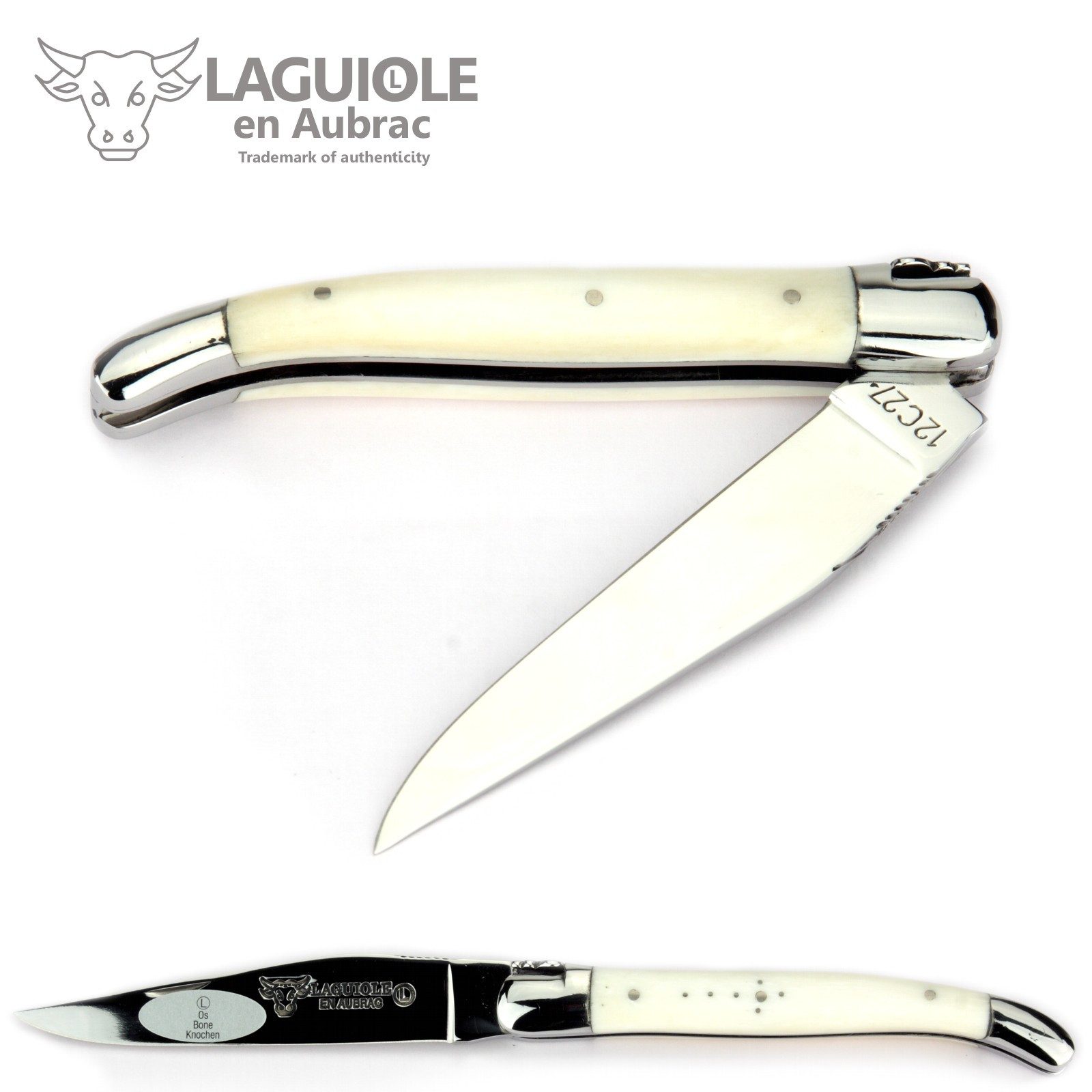 Laguiole en Aubrac Taschenmesser L0211OSIFI, Griff 11cm Rinderknochen - Verzierte Feder - Klinge Backen glänzend