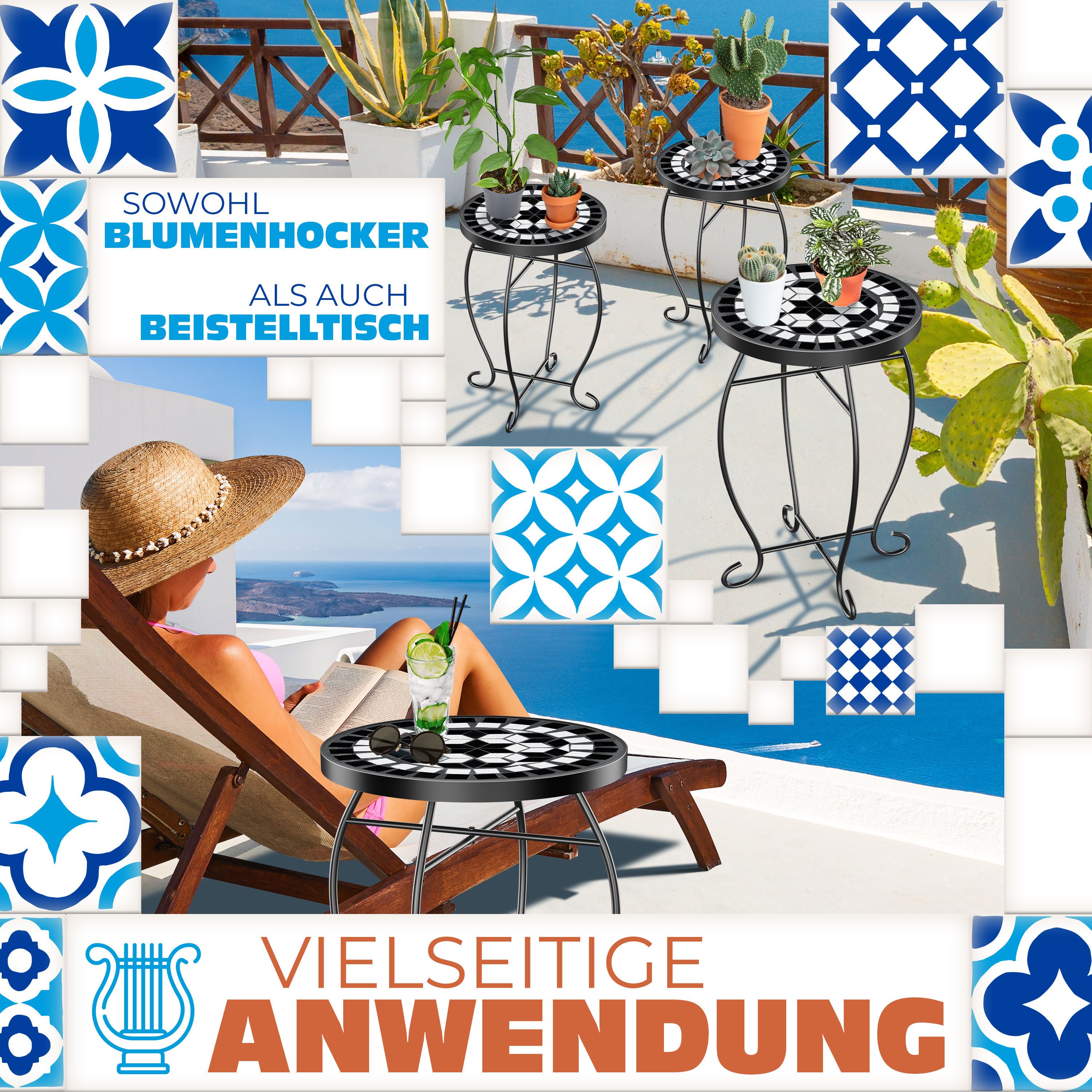 KESSER Beistelltisch, Mosaik-Platte & Metall-Gestell Bistrotisch Gartentisch Blumenhocker