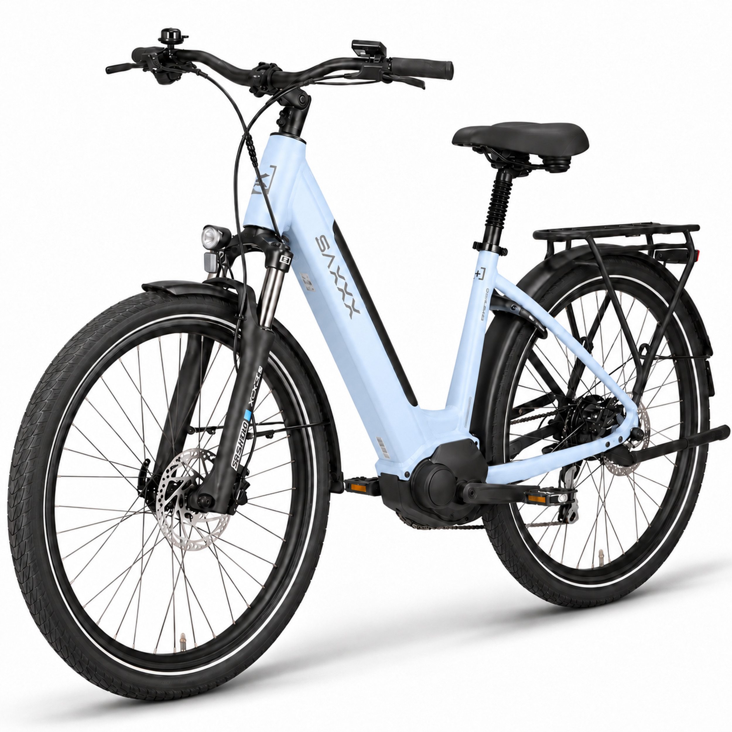 SAXXX E-Bike Damen 28 Zoll Herren, Riemenantrieb, Cityrad, Drehmomentsensor, Federsattelstütze, 7 Gang Shimano Nexus SG-C3001-7D Schaltwerk, Nabenschaltung, Mittelmotor, 468 Wh, (LCD-Farbdisplay, 5 Stufen, Alu-Tiefeinsteiger, hydr. Scheibenbremsen), 70Nm, bis 100km, City E-Bike, Elektrofahrrad, 95 % vormontiert