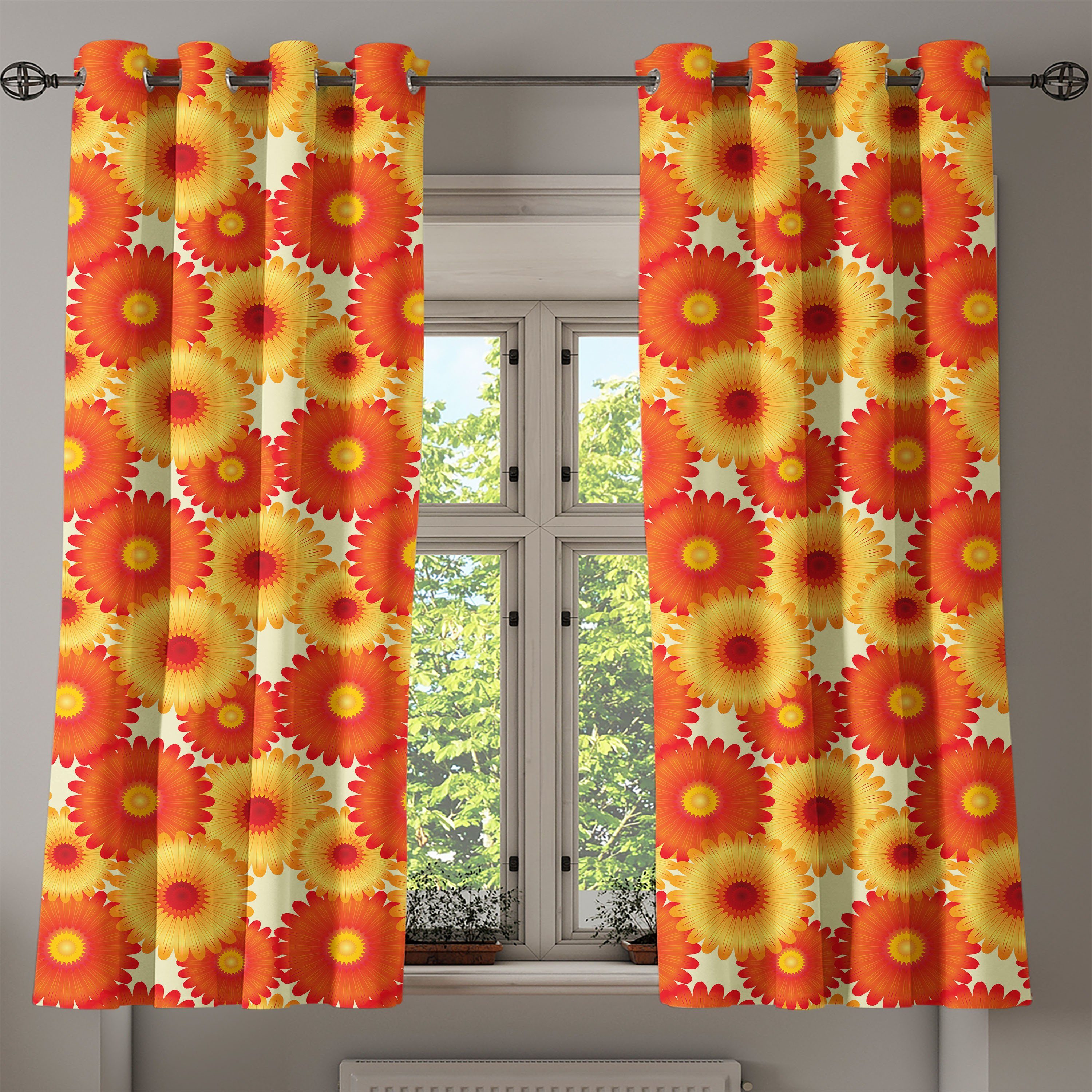 Gardine Dekorative 2-Panel-Fenstervorhänge für Gerbera Wohnzimmer, Schlafzimmer Blütenblätter Abakuhaus, Orange Grafik