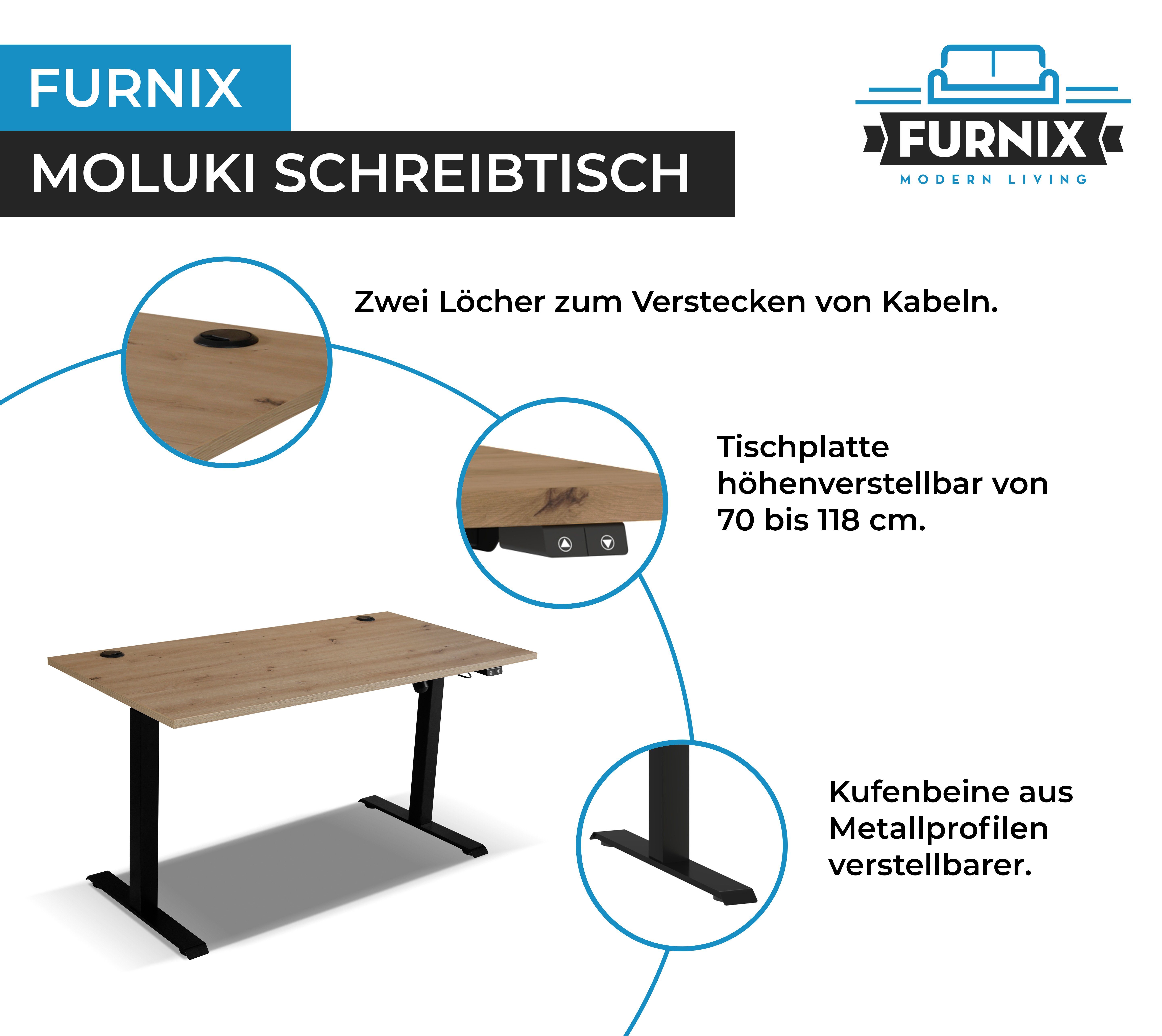 Schreibtisch höhenverstellbar Artisan Büro-Tisch, mit 151 Steuermodul 70-118 Eiche Stehschreibtisch-Funktion Furnix MOLUKI cm