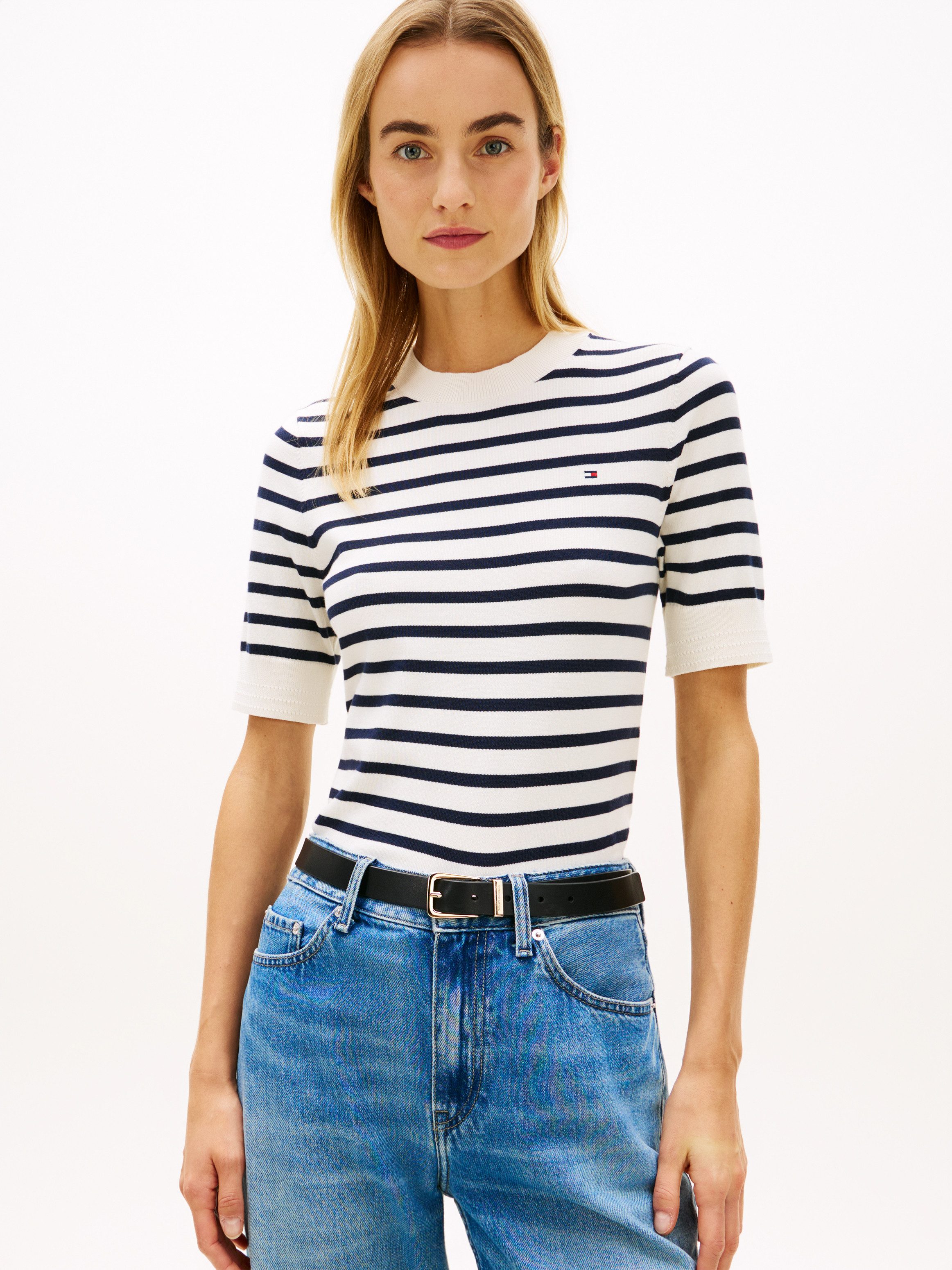 Tommy Hilfiger Kurzarmpullover CO JERSEY FINE GG C-NK SS SWT Baumwollmischung, Regular Fit
