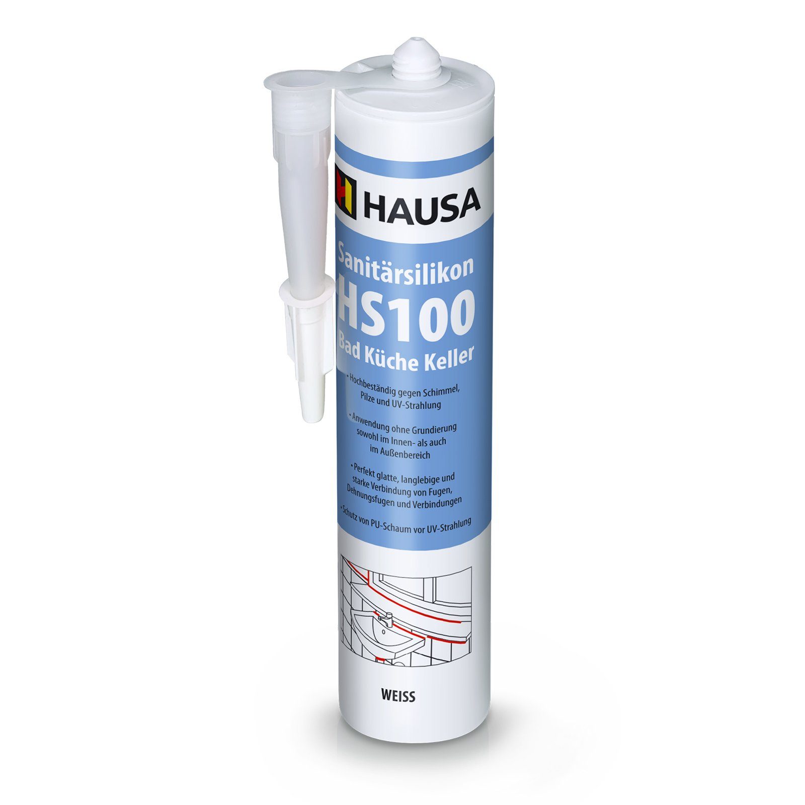 Hausa Silikon HS100, Sanitärsilikon HS100, Kartusche 310 ml, (Dichtmasse Fuge, 1-tlg., Verfugen Bad Dusche Küche acetatvernetzend), antischimmel Sanitär Silikon zum Abdichten