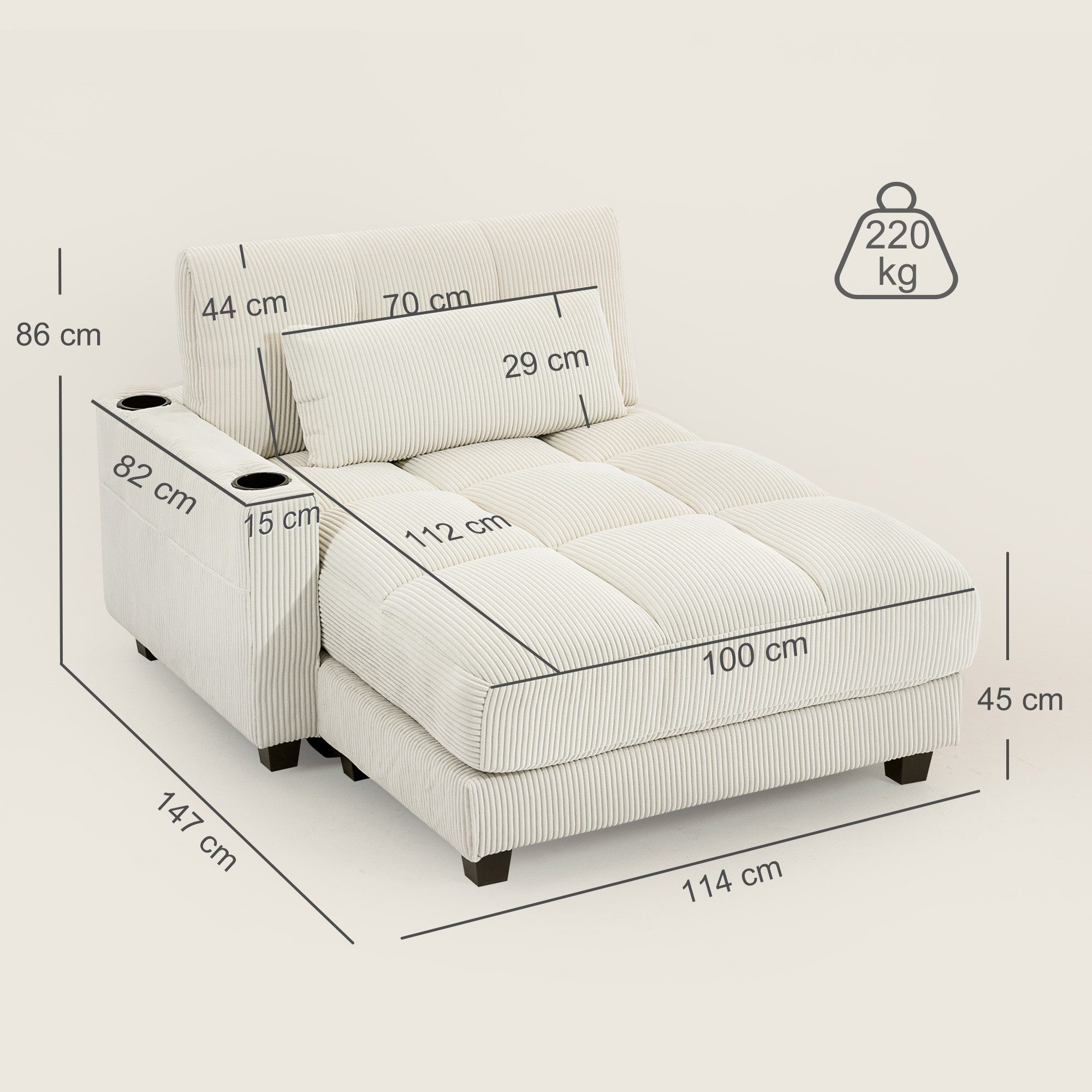 HOMCOM Schlafsofa Chaiselongue 2 Sitzer, Cord-Optik, Links/Rechts Armlehne, Sofa mit Schlaffunktion 1 Teile, für Wohnzimmer, Schlafzimmer, Cremeweiß