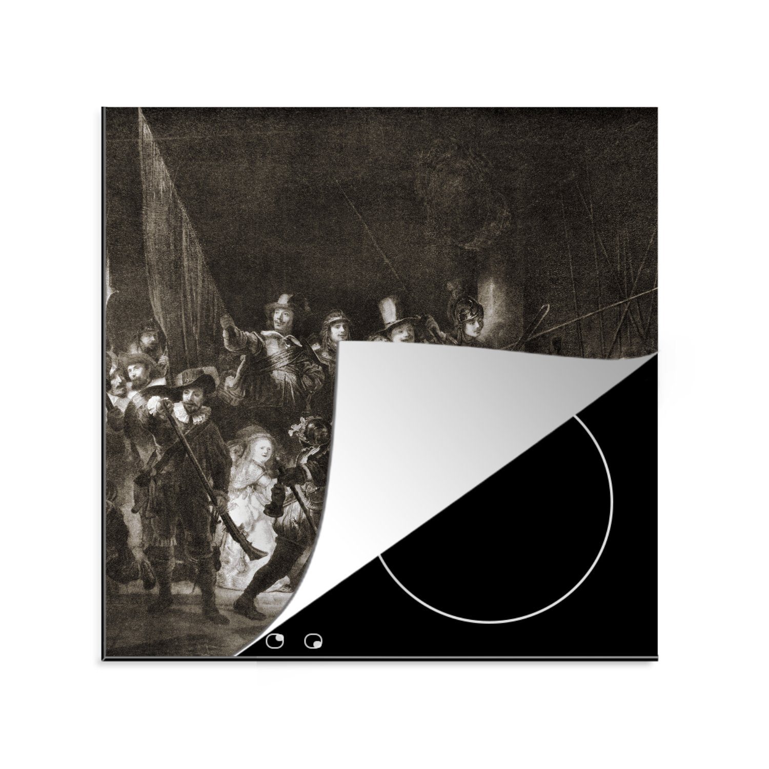 78x78 küche Arbeitsplatte in Vinyl, cm, Herdblende-/Abdeckplatte von und Gemälde Die Weiß Rembrandt Ceranfeldabdeckung, Nachtwache für Rijn, Schwarz (1 van MuchoWow - tlg),