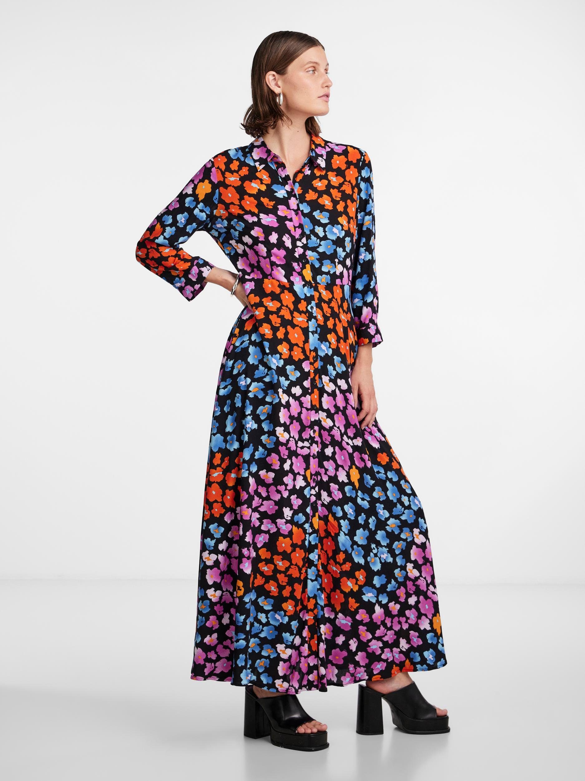 Y.A.S 3/4 Ärmel DRESS YASSAVANNA AOP:LIRO Black mit SHIRT PRINT Hemdblusenkleid LONG