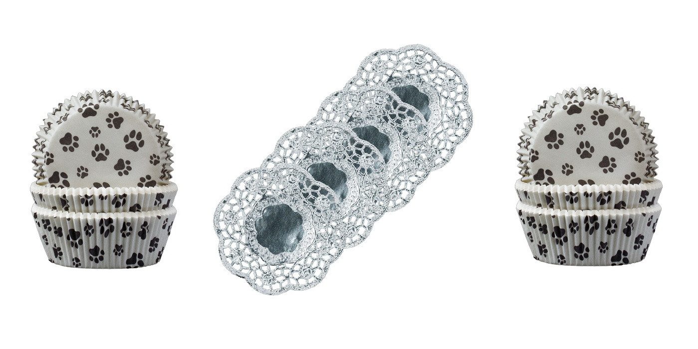 Demmler Muffinform 2er Set - Pfotenmuster - 2x 60 Stück - Inklusive silber Tassendeckchen, Zum Backen, dekorieren und stilvoll servieren - Made in Germany
