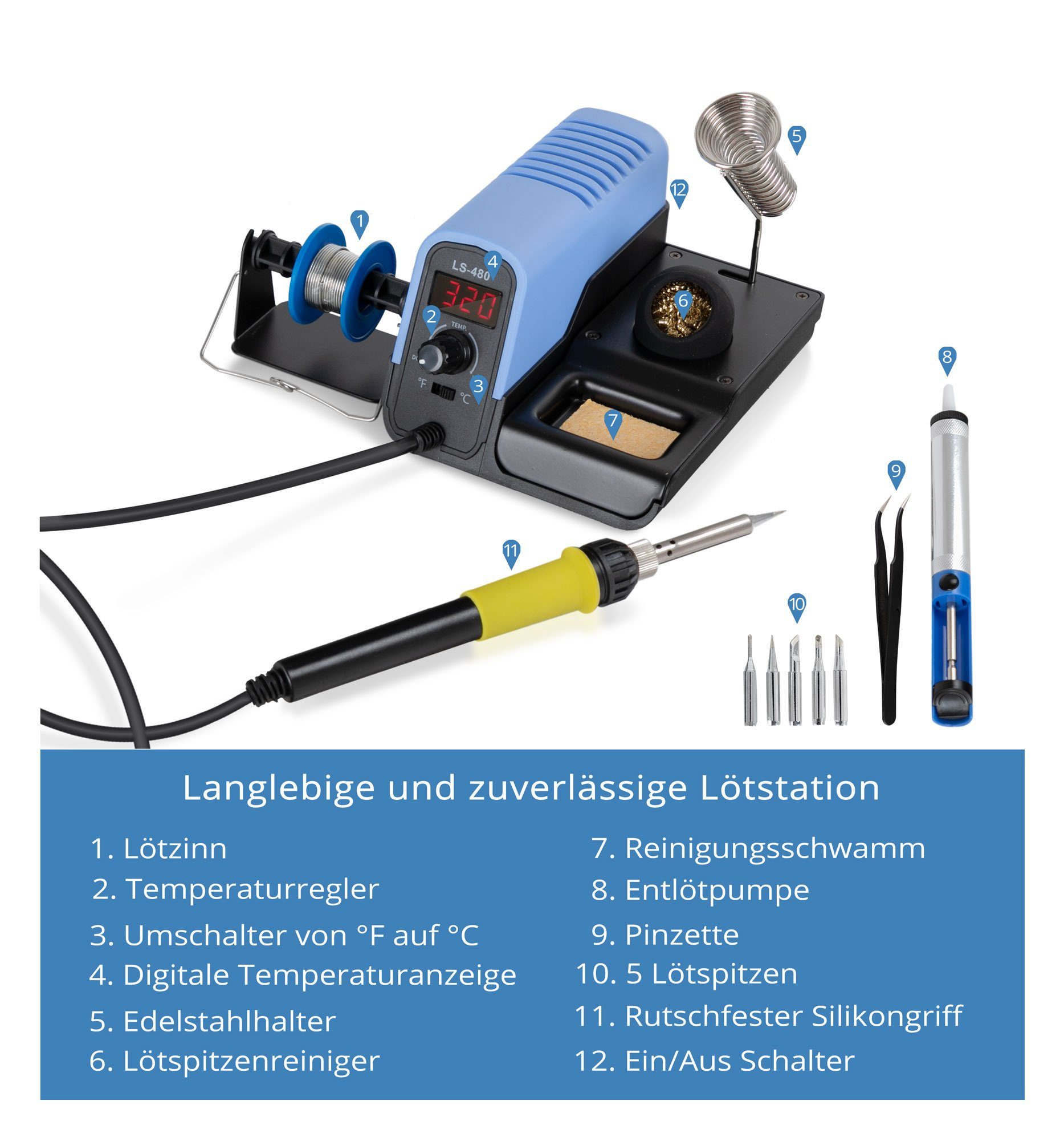 Stagecaptain Lötkolben LS-480 Lötstation, max. 480 °C, max. 30 W, elektrisch, Feinlötkolben mit Pinzette, 5 Lötspitzen, Lötzinn & Reiniger, Entlötpumpe mit extrem kurzer Aufheizzeit