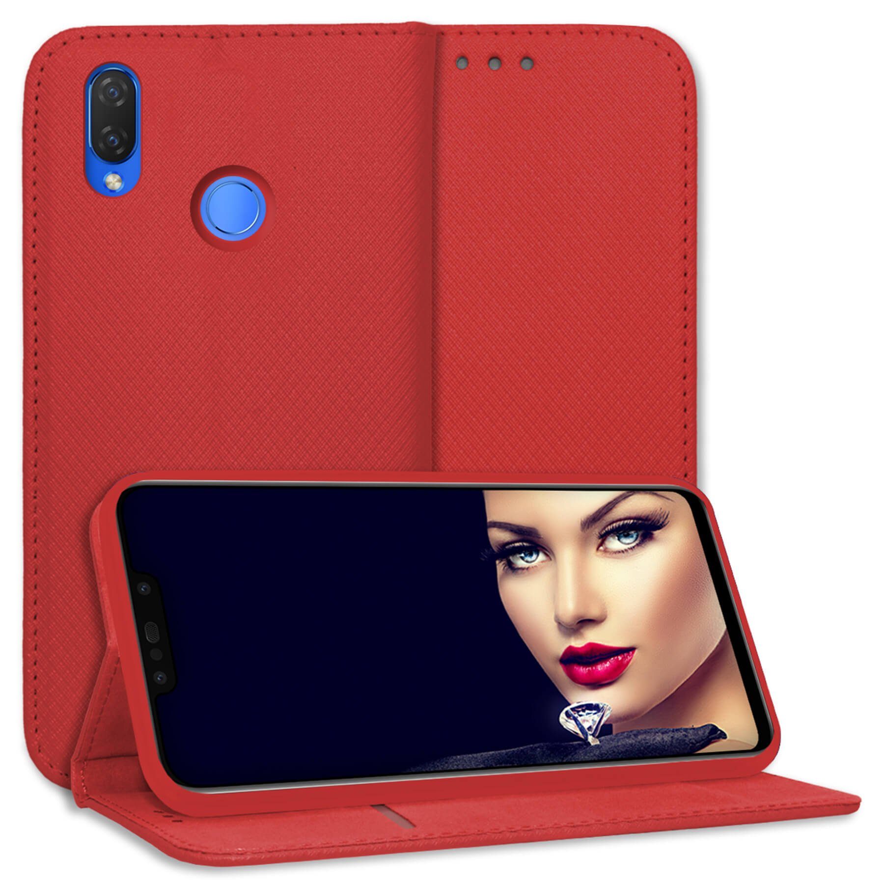 mtb more energy Smartphone-Hülle Smart Magnet für Huawei P Smart Plus, nova 3 / 3i, Rot, Bookstyle Klapphülle Cover Wallet Case aus Kunstleder