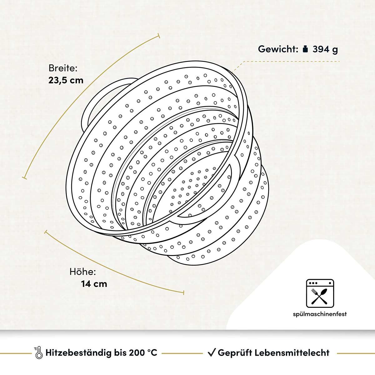 Hoffmann Germany Küchensieb Faltsieb Silikon Edelstahlring 23 cm anthrazit – platzsparend, Silikon, (1-St), 200°C, spülmaschinenfest, faltbar, Nudeln & Gemüse