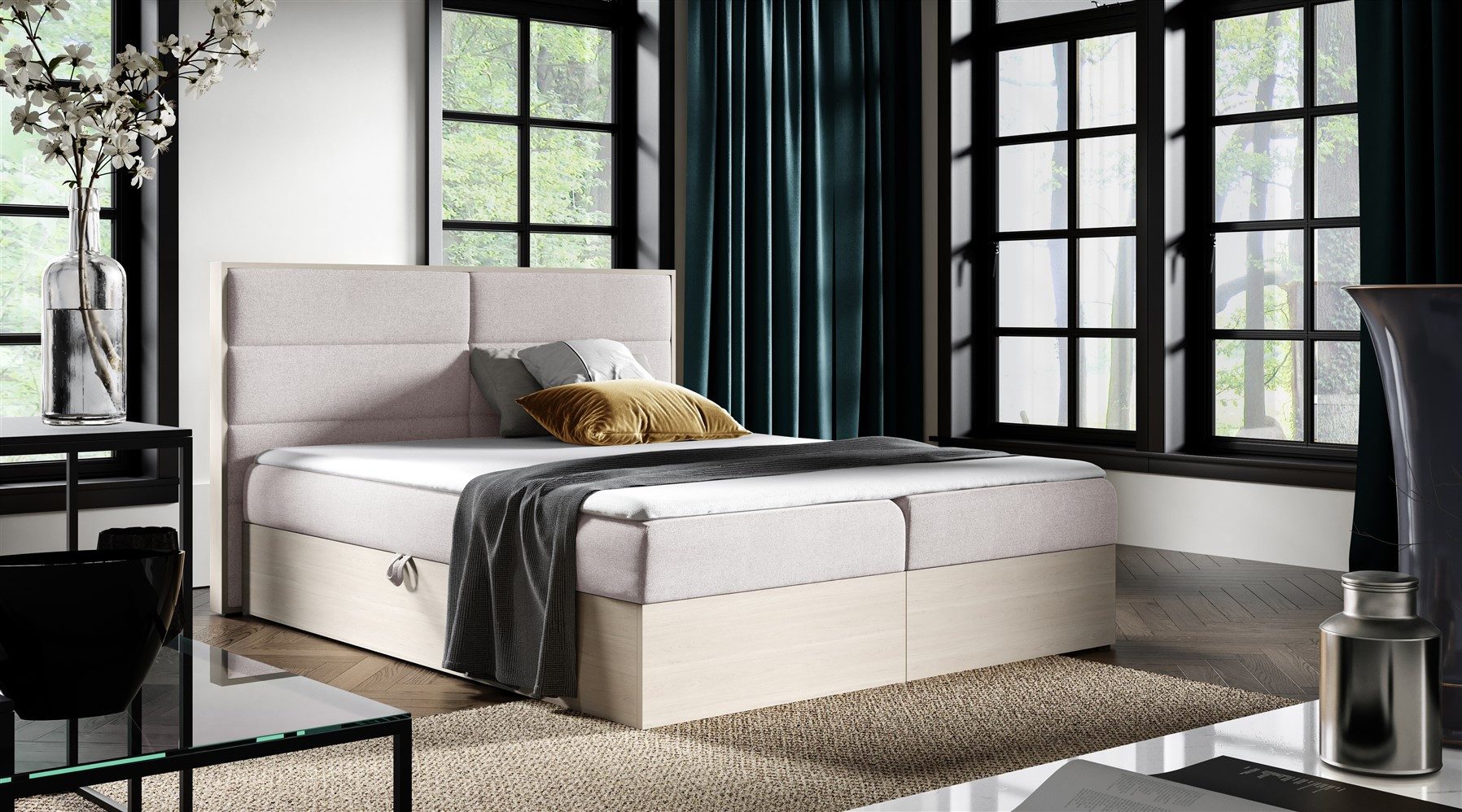 Fun Möbel Boxbett Schlafzimmerbett LAMBROS in Stoff u. Nordic-Teak-Optik (Inkl. Topper, Inkl. Bettkasten), Nordic Teak - Dekor