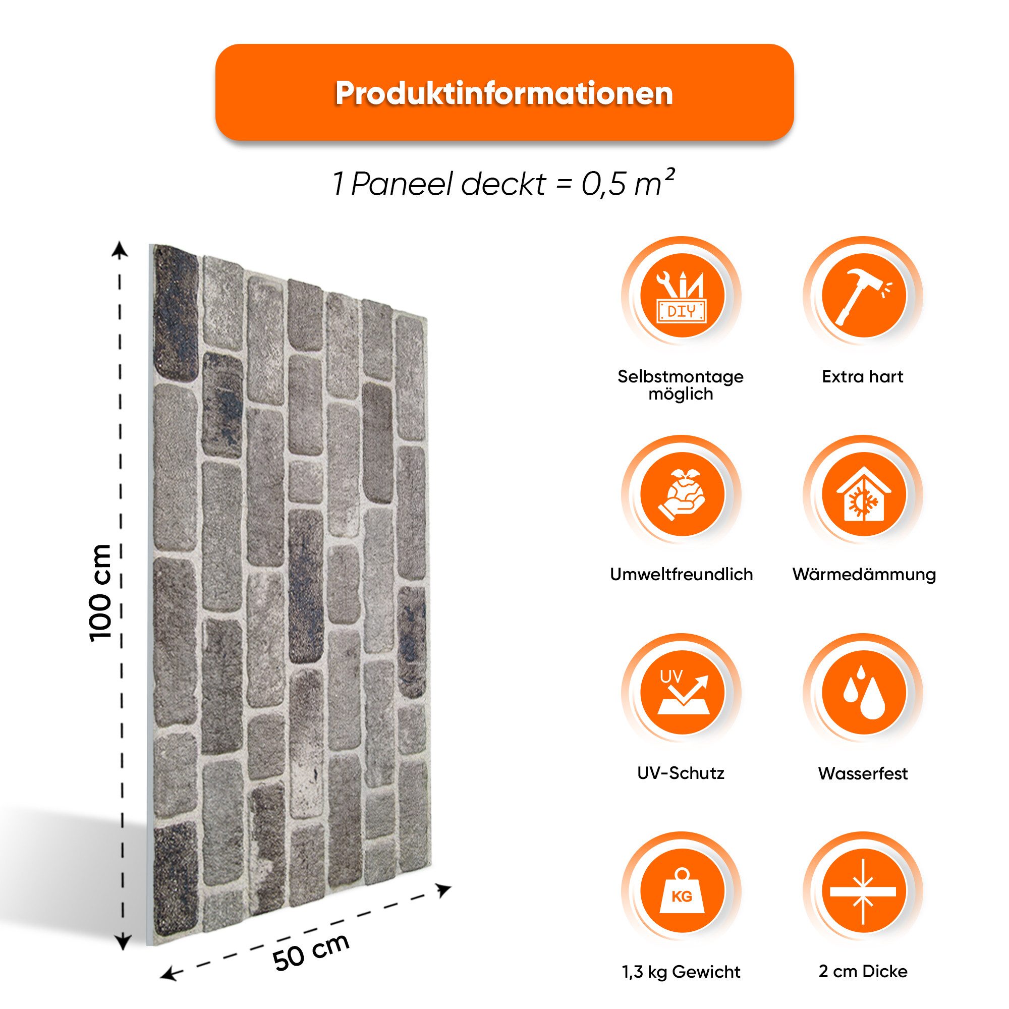IZODEKOR 3D Wandpaneel EPS Styropor Wandverkleidung in Steinoptik – für Innen & Außen, BxL: 50x100 cm, 0,50 qm, (1er- oder 10er-Set, optional mit 4 Montageklebern) wasserfest, leicht zuschneidbar, außen mit UV-Schutz
