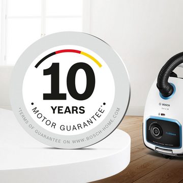 BOSCH Bodenstaubsauger Serie 6 ProSilence BGL6TSIL, Hygiene-Filter, 10 Jahre Motorgarantie, 700 W, mit Beutel, Leistungsregulierung am Handgriff, langes Kabel, extrem leise, weiß