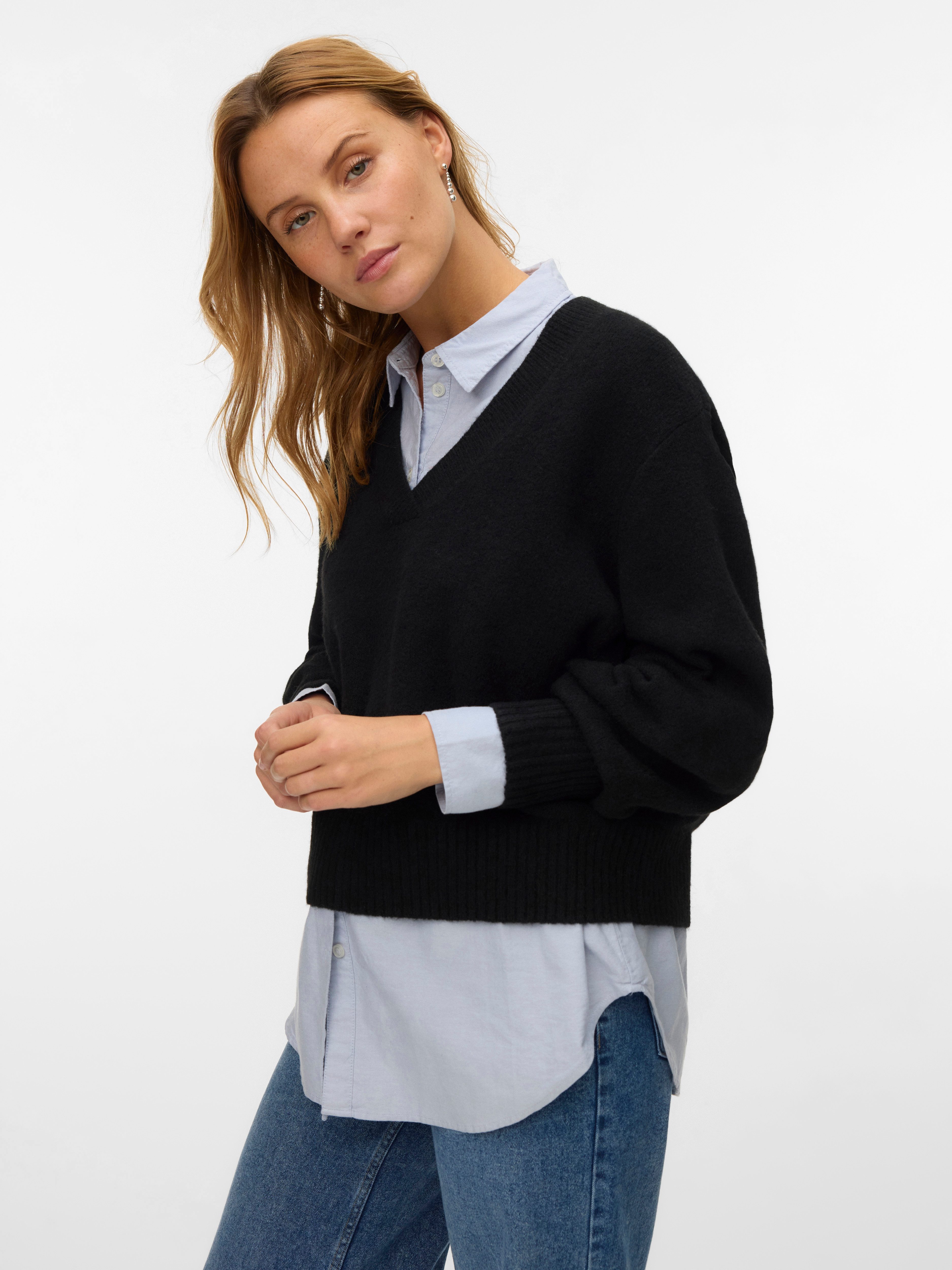 Vero Moda V-Ausschnitt-Pullover VMBOOM LS V-NECK PULLOVER NOOS Materialmix, mit Wolle und Stretch