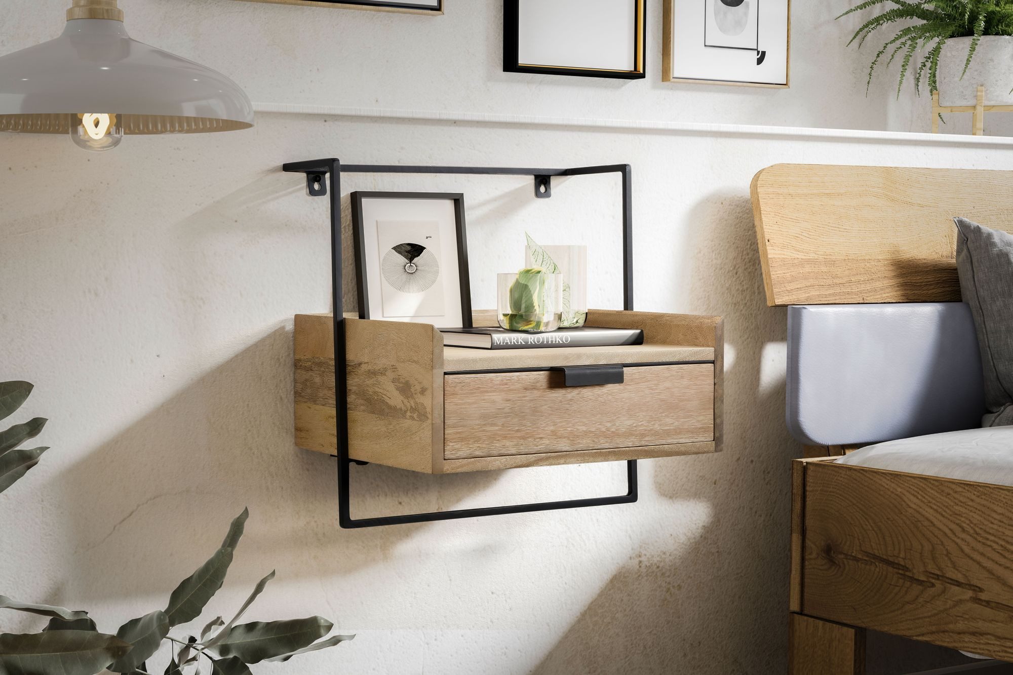 FINEBUY Nachttisch FB64194 Nachtkonsole Wandmontage Schublade schwebend Wandboard (Nachtschrank Mango Massivholz, Nachtkästchen), Nachtkonsole für Wandmontage 44x35 cm Hellbraun