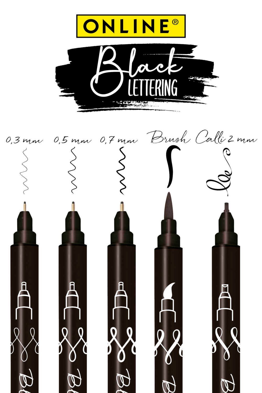 Online Pen Fineliner Black Lettering, 5x Handlettering Stifte Set, schwarz, wasserfest
