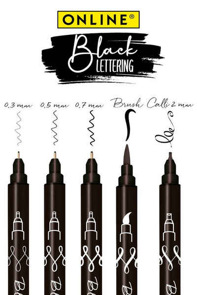 Online Pen Fineliner Black Lettering, 5x Handlettering Stifte Set, schwarz, wasserfest, verschiedene Spitzen