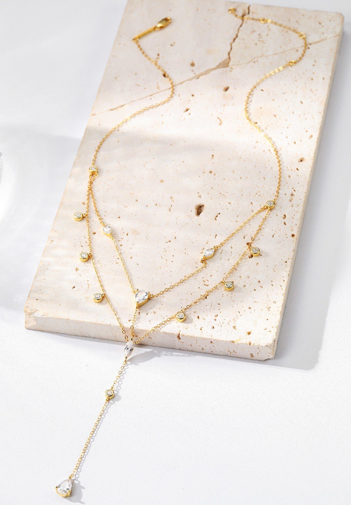 Hey Happiness Statementkette mit Tropfen Kristallen, Layering Kette, Damen Y-Kette 925 Silber vergoldet, Brautschmuck