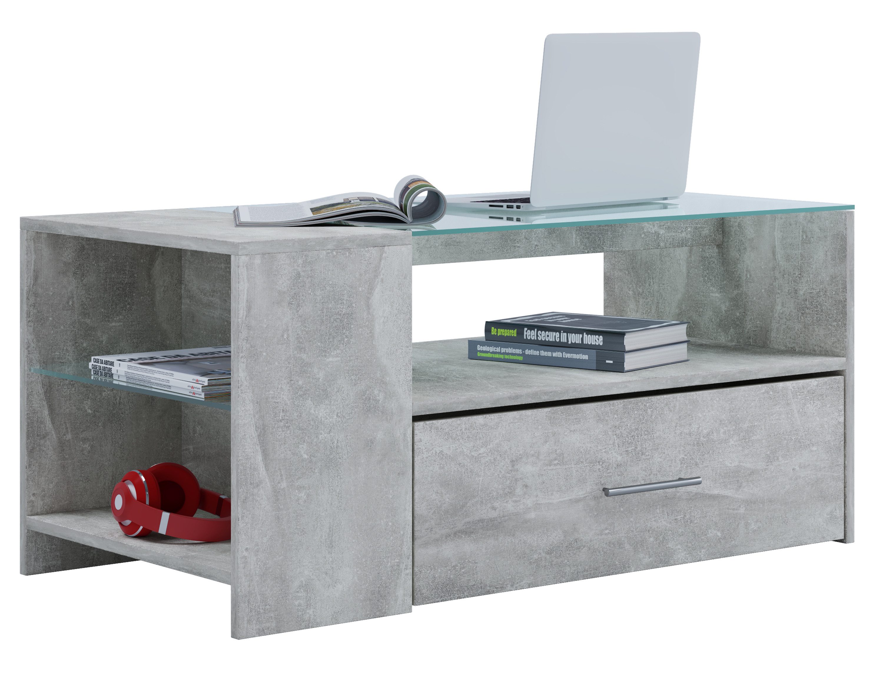 VCM Couchtisch Beistelltisch Wohnzimmer Tindala H. 45 x B. 100 x, Holz Couchtisch mit ESG-Sicherheitsglas