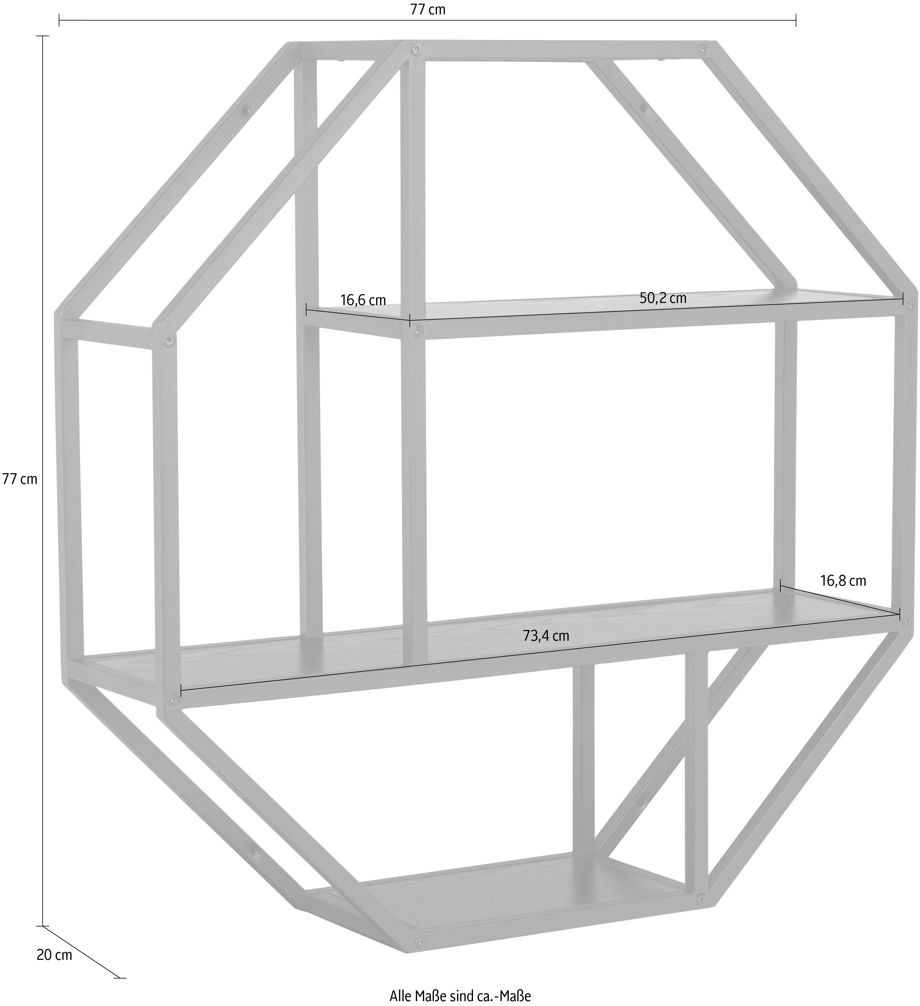 ACTONA GROUP Wandregal, Metallgestell, 2 Esche schwarz matt / schwarz und Einlegeböden, asymmetrischen Details Achteckform