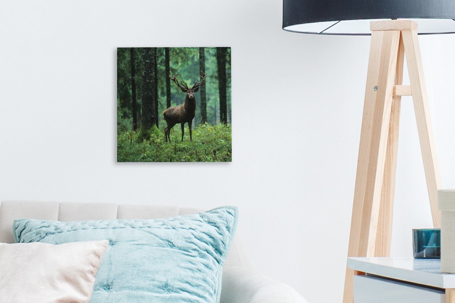- St), OneMillionCanvasses® Tiere für Schlafzimmer Wald - (1 Wohnzimmer Leinwandbild Bilder Hirsche bunt - Natur, Leinwand Bäume -