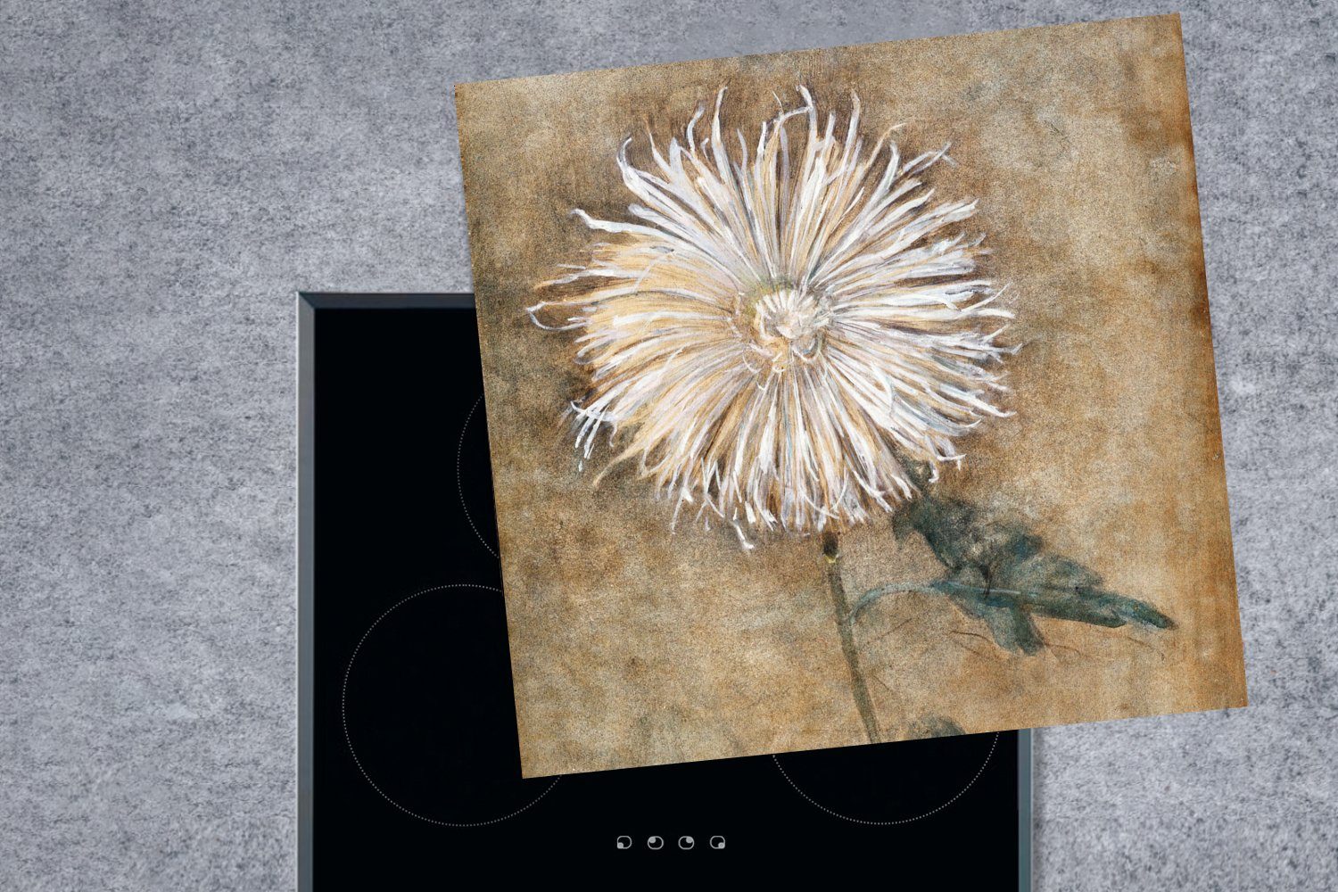 MuchoWow Herdblende-/Abdeckplatte Chrysantheme - Alte - Ceranfeldabdeckung, Vinyl, Meister, küche tlg), für (1 cm, Arbeitsplatte 78x78 Piet Mondrian
