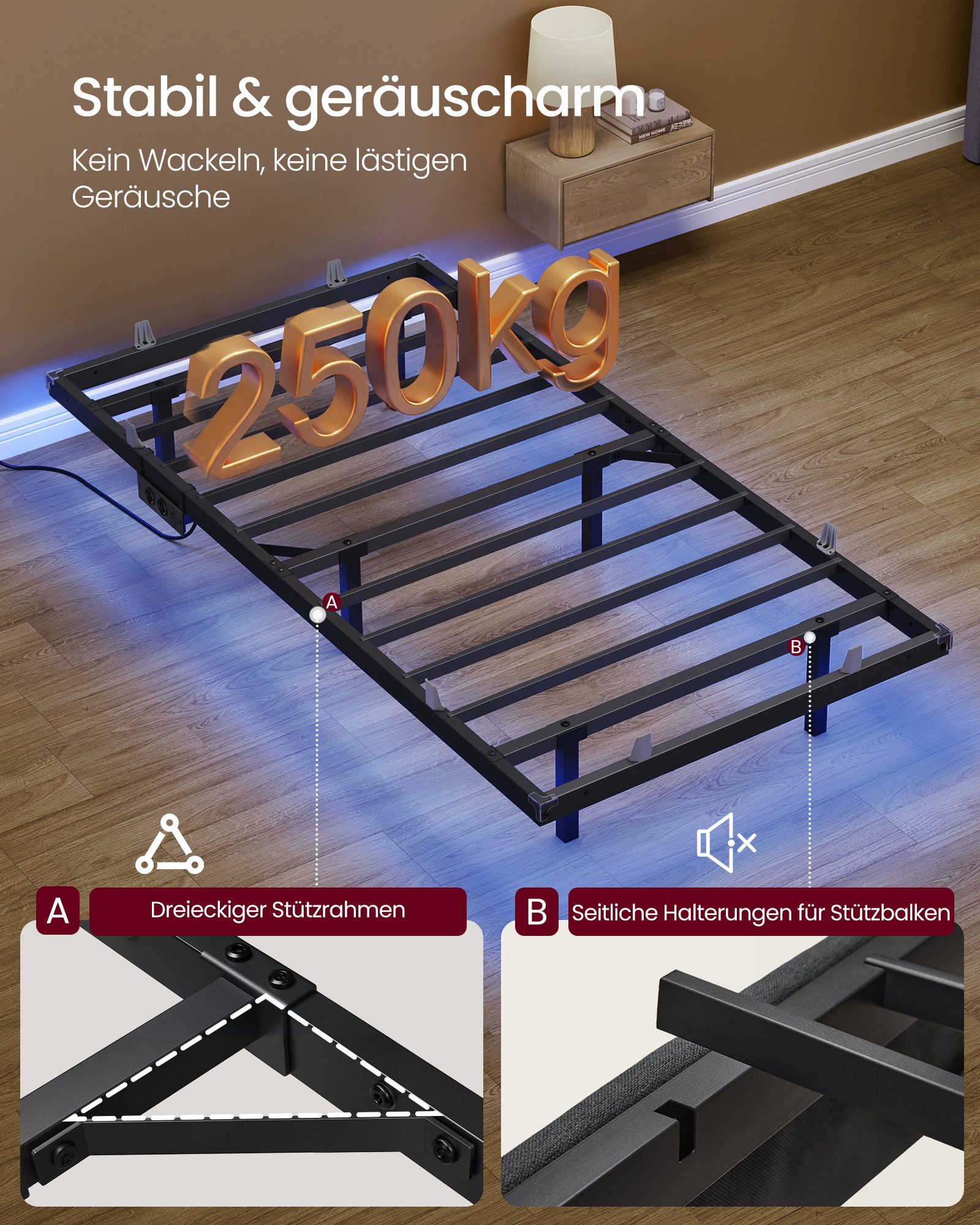 VASAGLE Bettgestell abnehmbare Steckdosenleiste, trägt bis 500 kg, 140 x 200 cm, mit LED-Beleuchtung, USB-C-Anschluss – Bild 5 von 5