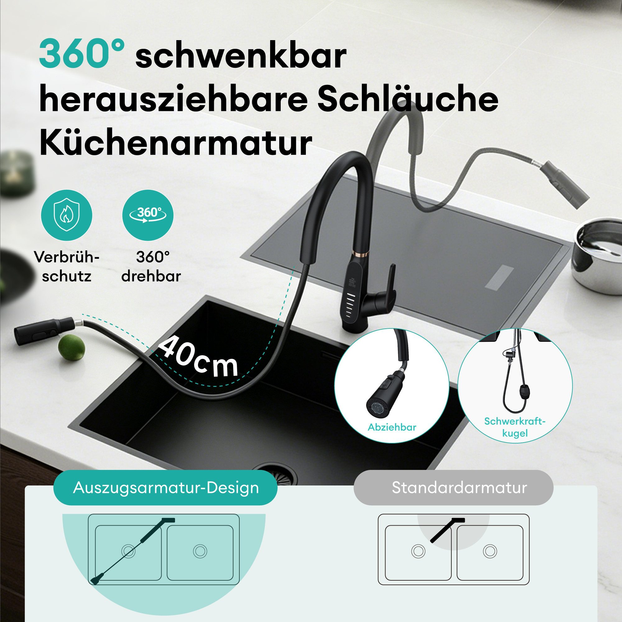 Mai & Mai Küchenarmatur Spültischarmatur 360° schwenkbar mit LED-Digitalanzeige MS-8085 DIN-Anschlüsse, Verdeckter Sprühkopf, Wassersparender Waben-Perlator