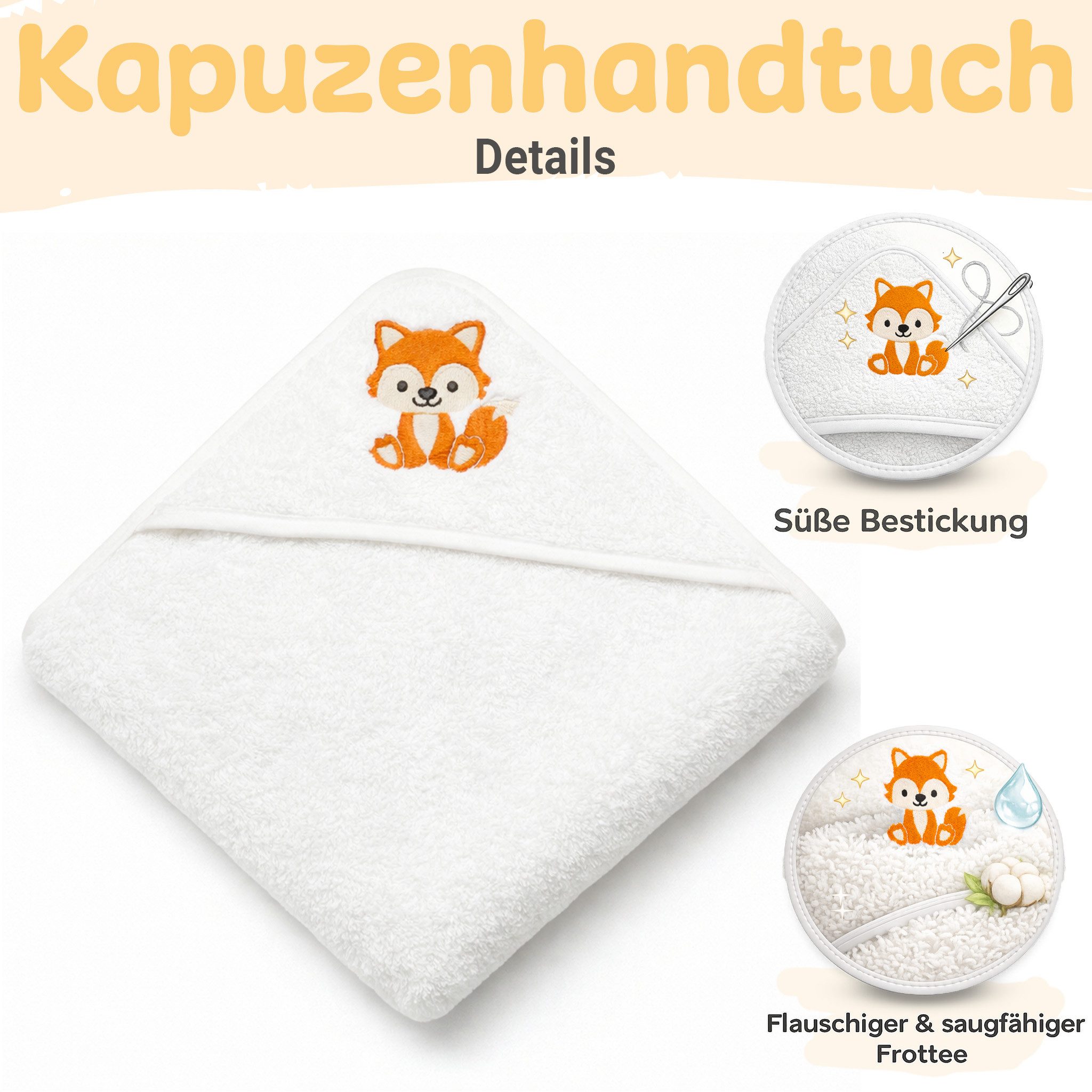 Babykajo Kapuzenhandtuch 80x80 - 100x100 cm, Frottee (3-St), Kuschliges Baby Handtuch mit Waschlappen
