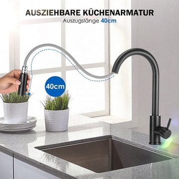 WILGOON Küchenarmatur Wasserhahn Küche 360° Drehung, Mischbatterie mit 62cm Kaltes Schwarz Armatur Infache Montage, Spültischarmatur Edelstahl Gebürstet