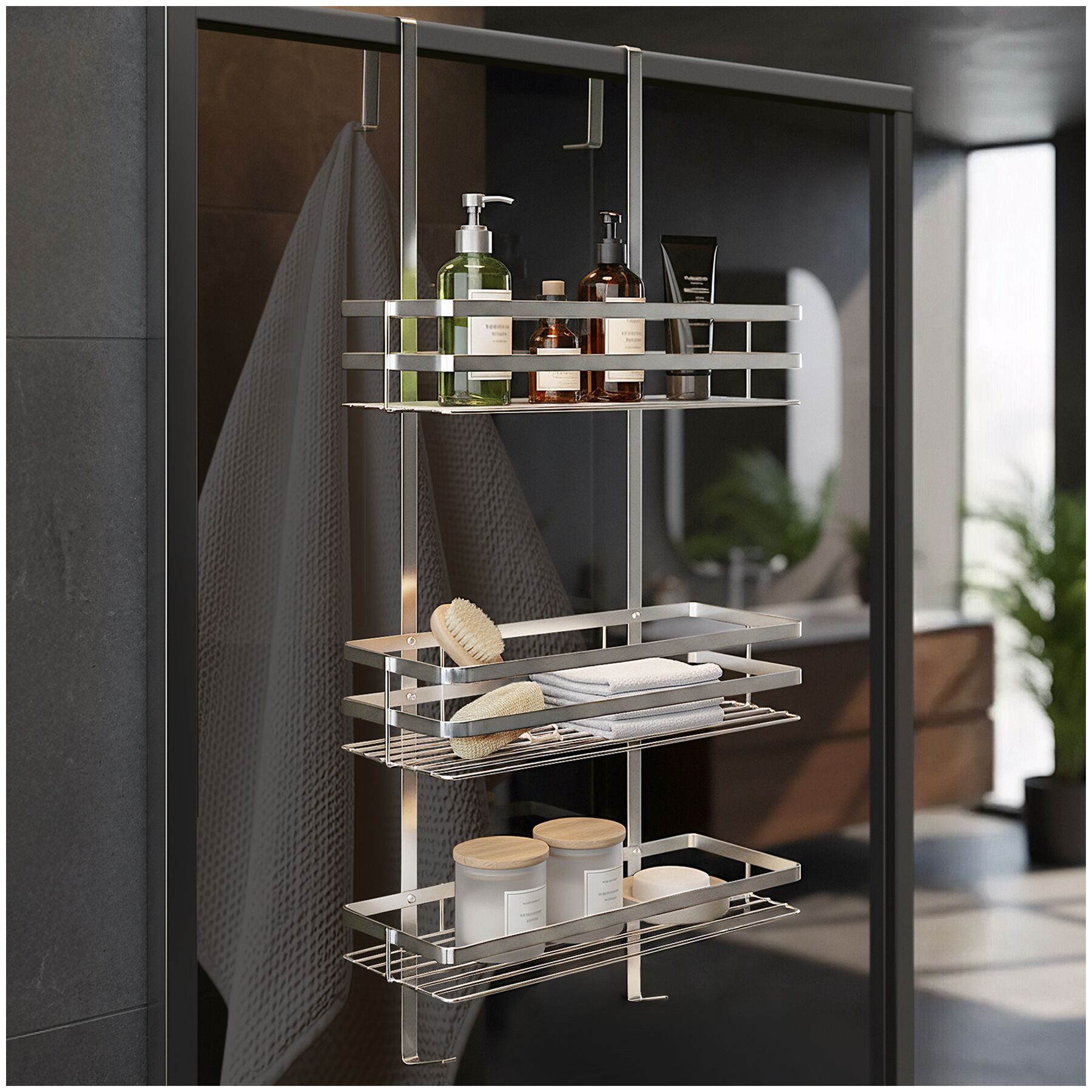 tectake Duschablage Duschregal 30 x 21 x 80 cm aus rostfreiem Edelstahl, zum Einhängen, Hängeregal 1-tlg., mit 3 Ablagen sowie 2 Aufhängehaken zum Einhängen des Regals