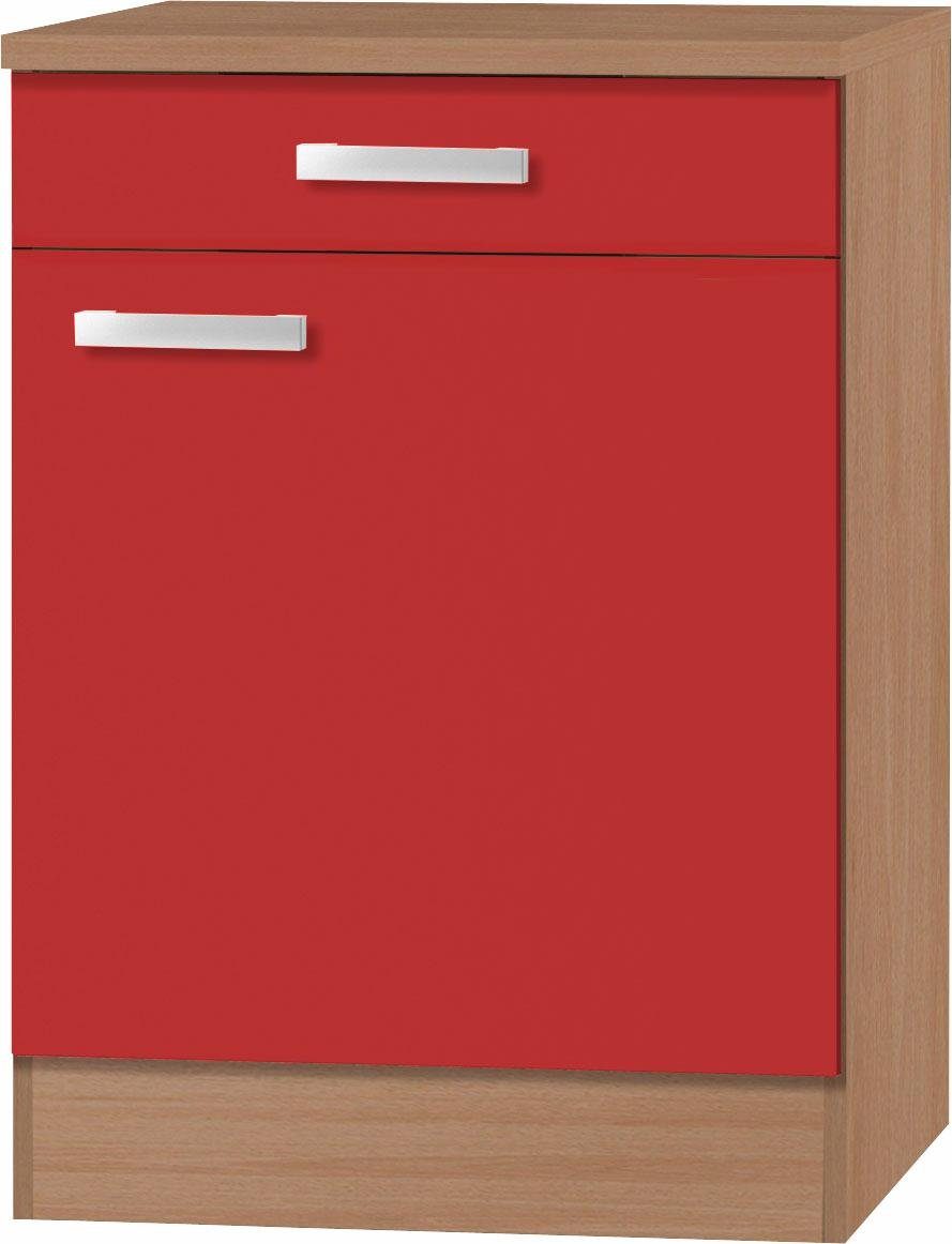 und | Tür rot/buche 60 Schubkasten, 28 mm cm Unterschrank Odense Arbeitsplatte starker mit breit, buchefarben OPTIFIT mit