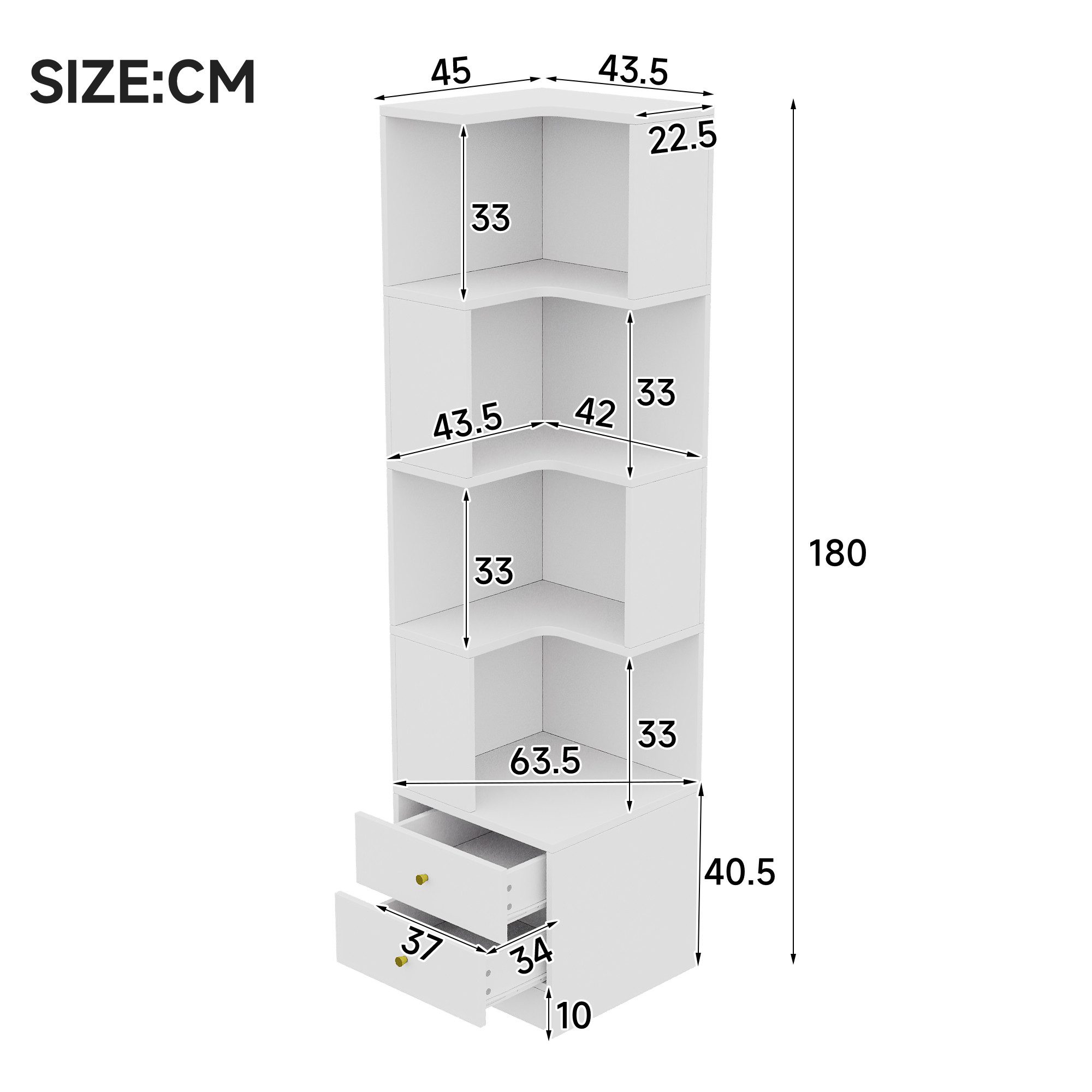 Celya Eckregal 45 x 43.5 x 180 cm, multifunktionales L-förmiges, mit großer Stauraum, 2 Schubladen, App-gesteuerte LED-Beleuchtung, mehrschichtiges Design, ideal für Wohnzimmer, Schlafzimmer, Arbeitszimmer oder Büro