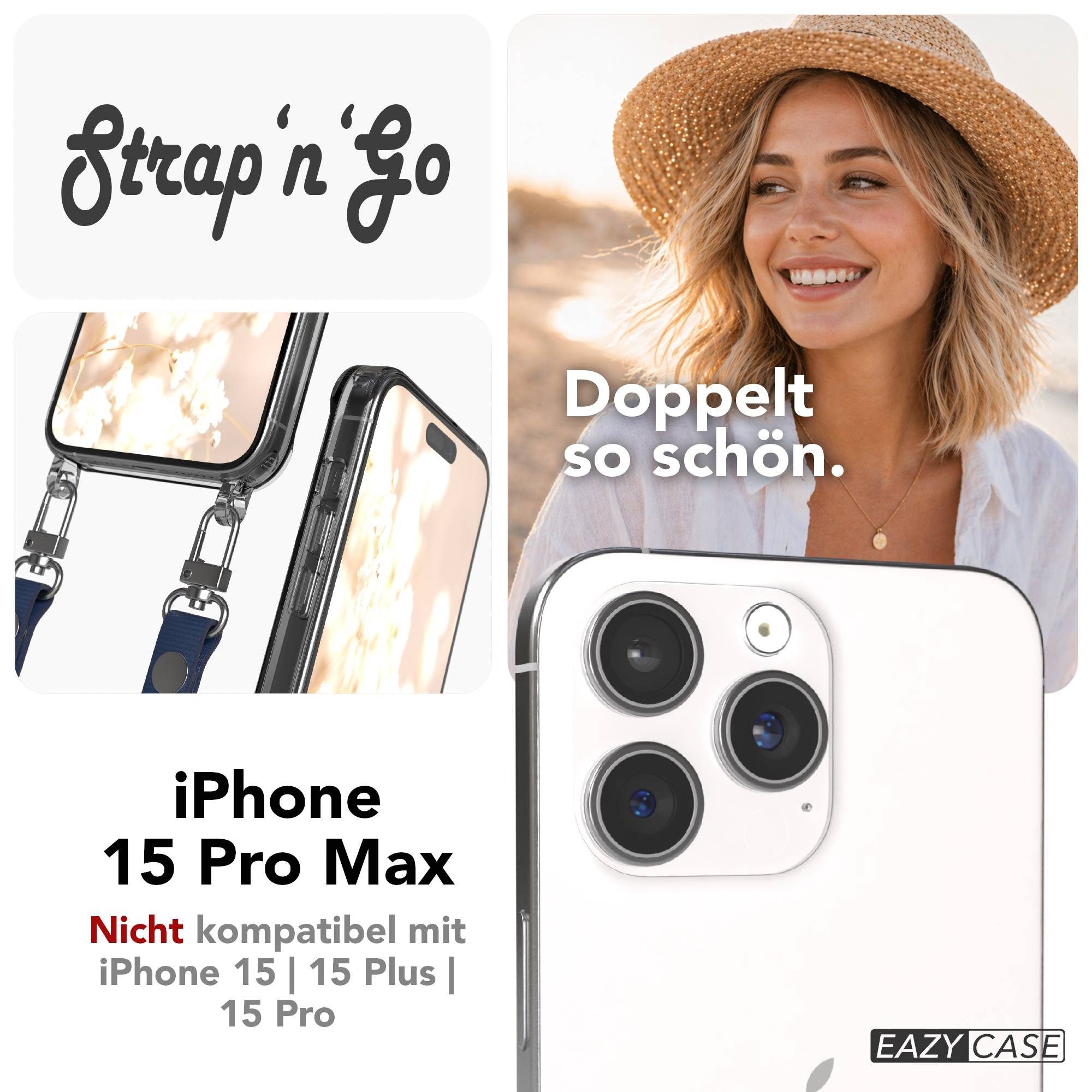 EAZY CASE Handykette für Apple iPhone 15 Pro Max Handyhülle mit Handyband magnetisch, Smartphone Kette in Dunkelblau verstellbar bis 1,90 m mit Magnetband